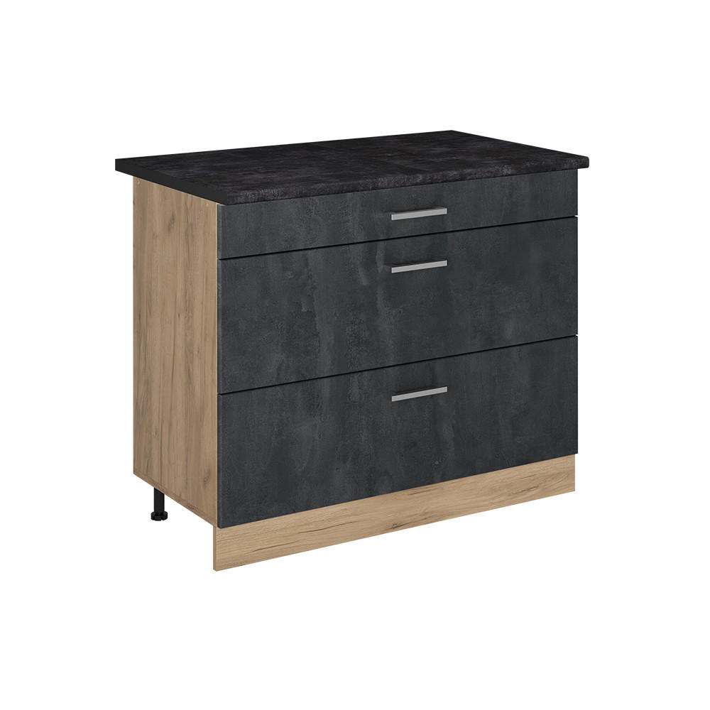 KÜCHENUNTERSCHRANK R-Line, Schwarz Beton/Goldkraft Eiche, 100 cm Arbeitsplatte Anthrazit - Eichefarben/Schwarz, Holzwerkstoff (100/81.6/60cm) - Vicco
