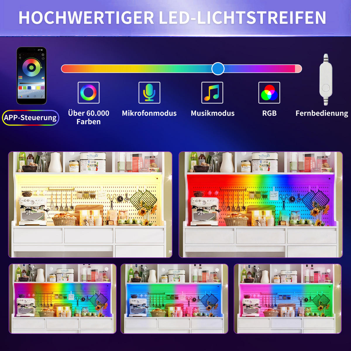 BUFFET 145/171/39 cm Weiß aus MDF und Glas mit LED-Beleuchtung - Weiß, Holzwerkstoff (39/171/145cm) - OKMYHOME
