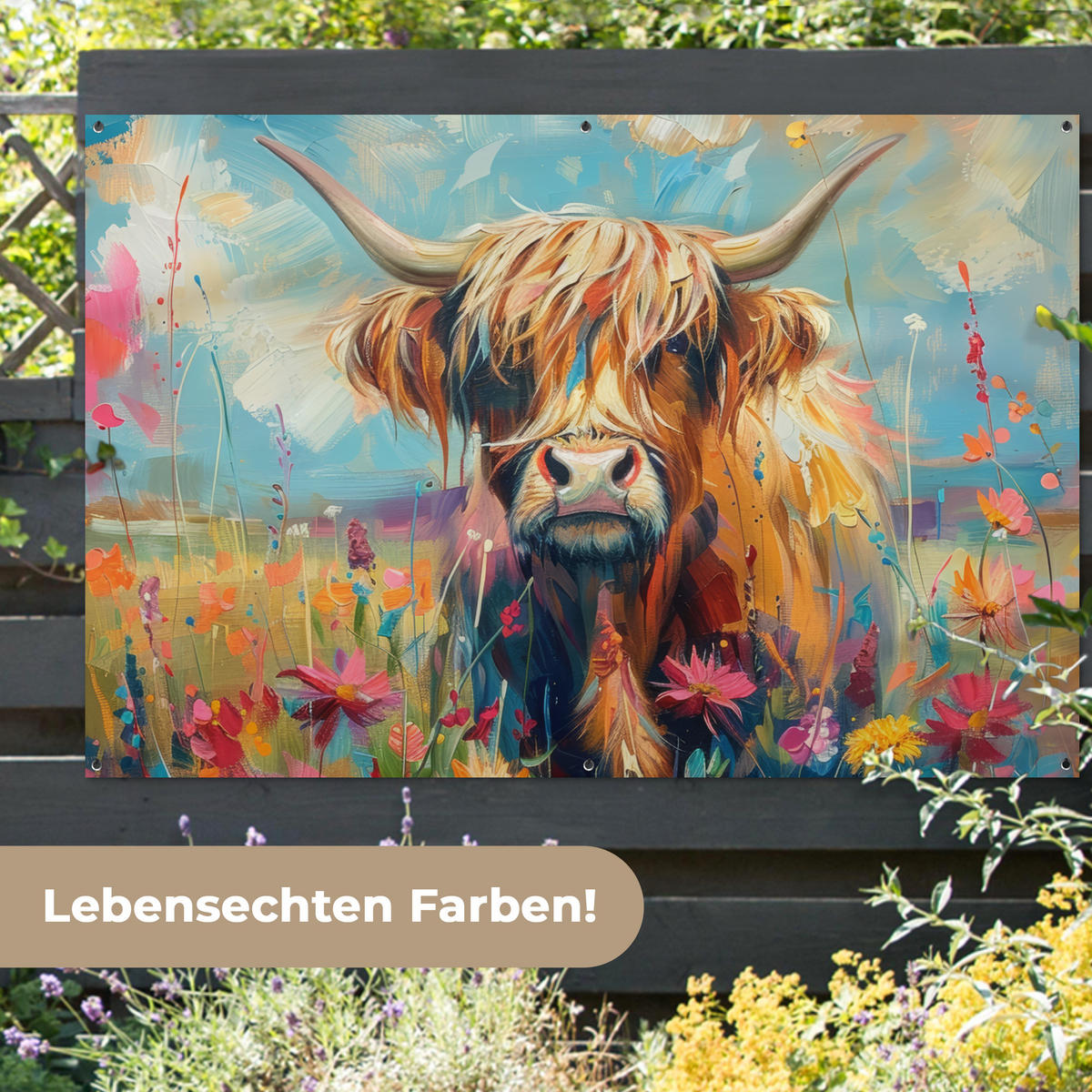 ZAHRADNÍ PLAKÁT Skotský horal - Příroda - Barevné - Květiny 180x120 cm - světle modrá, plast (180/120/0.2cm) - OnlyWow