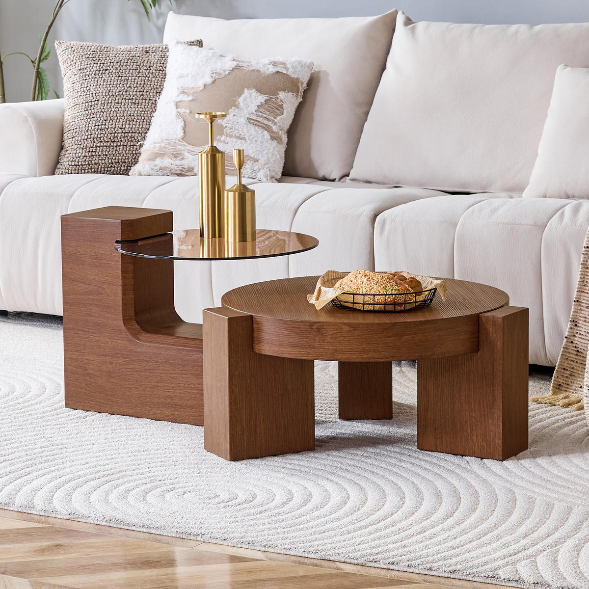 COUCHTISCH aus MDF und Glas Ø61x30 cm in Nussbaumoptik mit 2 Ebenen - Walnussfarben, Holzwerkstoff (61/61/30cm) - Modfu