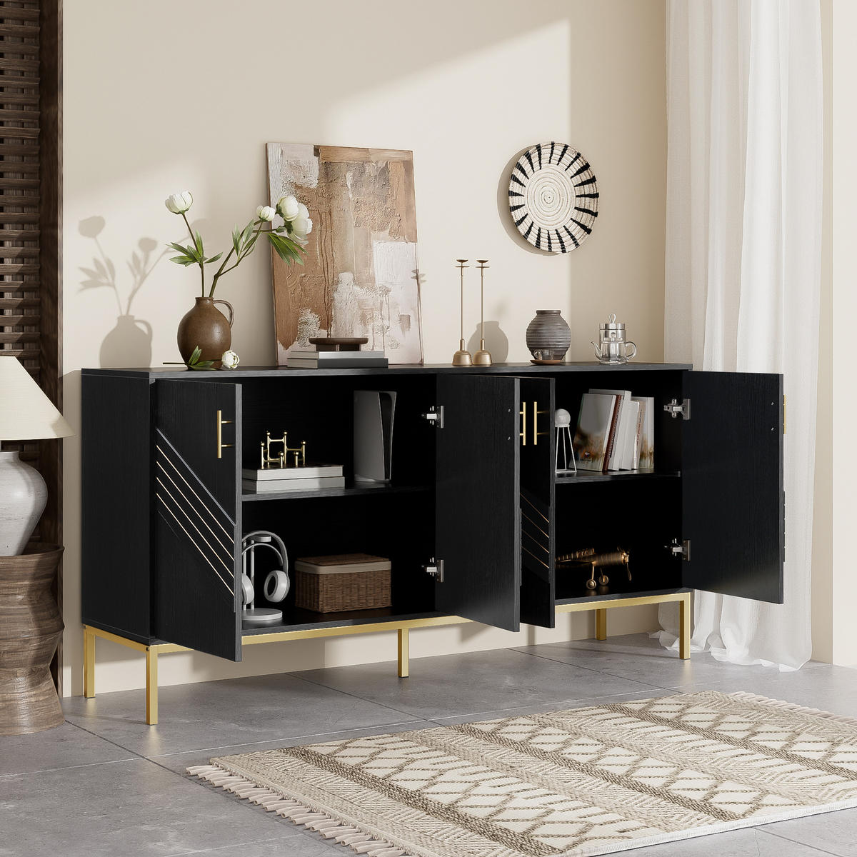 SIDEBOARD mit 4 Türen und höhenverstellbaren Einlegeböden, schwarzes MDF mit goldenen Metallakzenten, 160/40/80,5 cm, Schwarz + Holzmaserung - Schwarz, Holzwerkstoff (160/80.5/40cm) - Redom