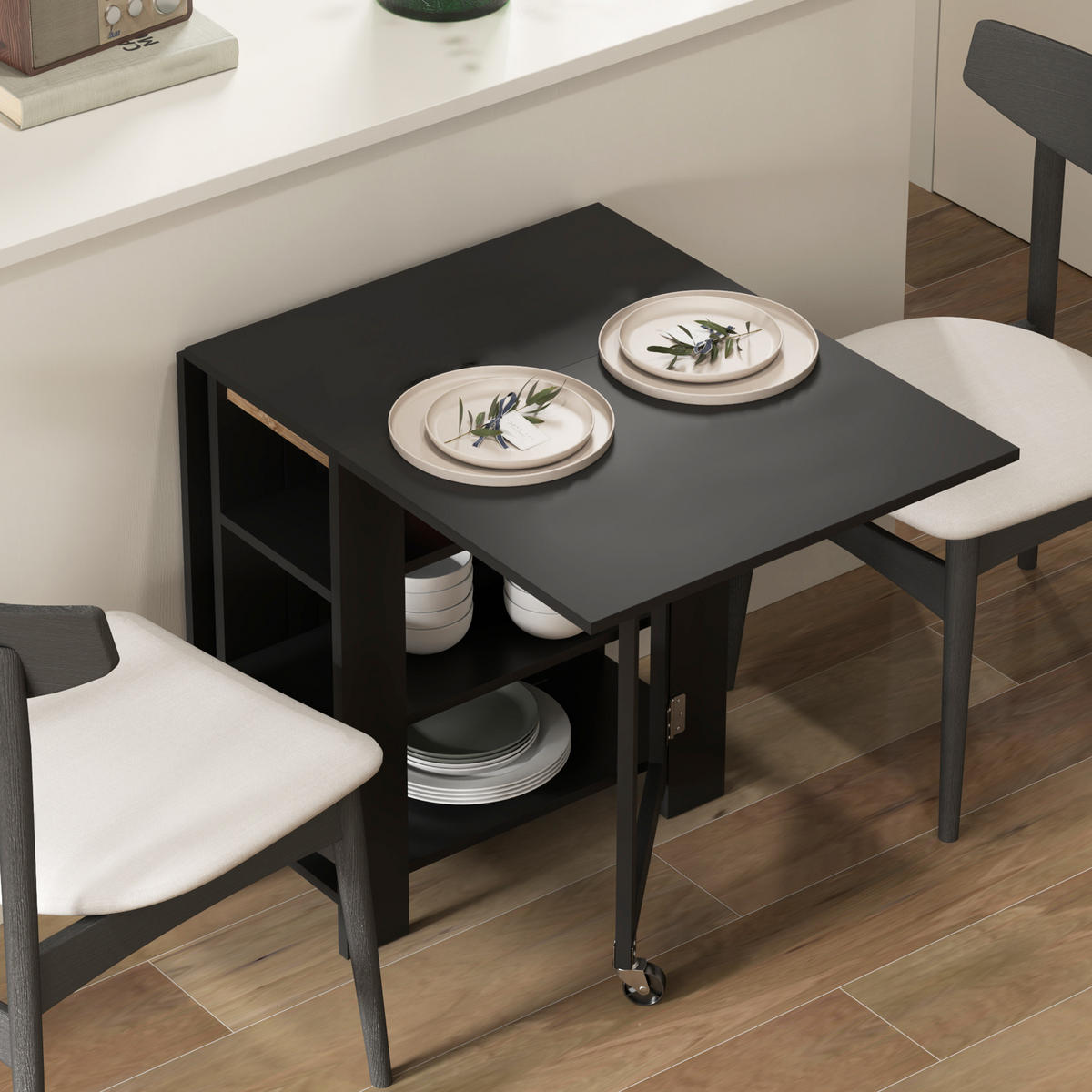 KLAPPTISCH DE-16516 2 Abattants, 3 Etagen, Rollen Schwarz - Schwarz, Holzwerkstoff (120/60/75cm) - ComfortXL