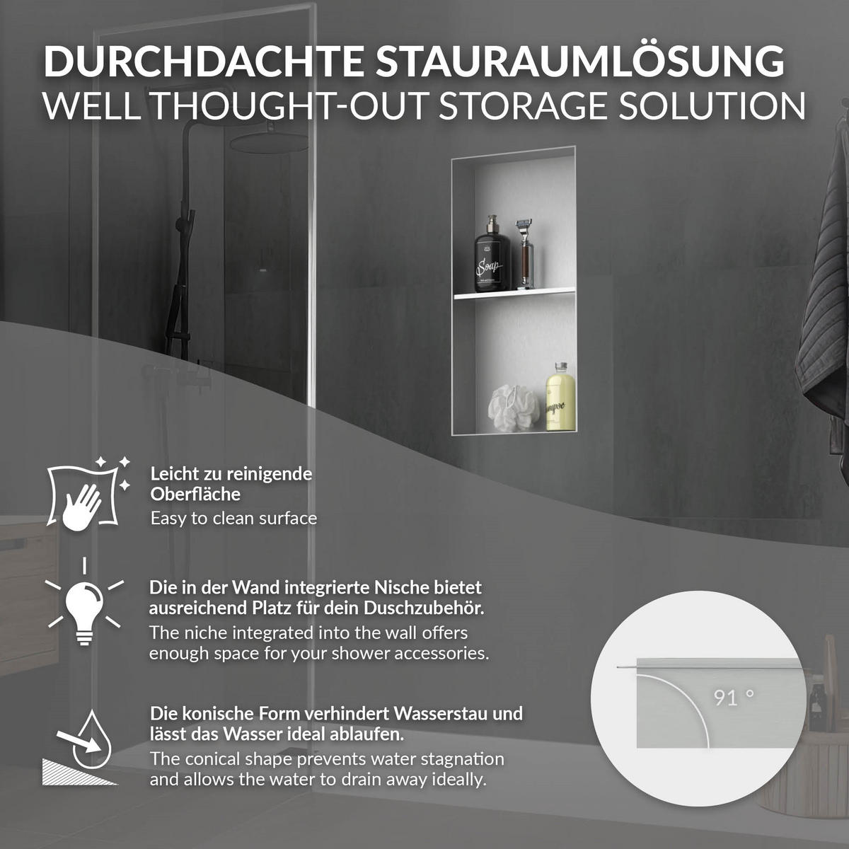DUSCHNISCHE Doppel Silber 30/60 cm randlos - Silberfarben, Metall (30/60/10cm) - LuxeBath