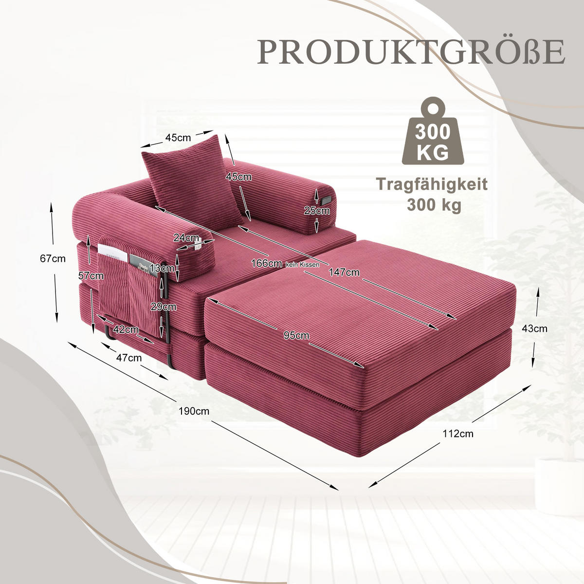 SOFA Cord Weinrot mit Kissen und Hocker - Weinrot, Textil/Metall (112/67/190cm) - WISHDOR