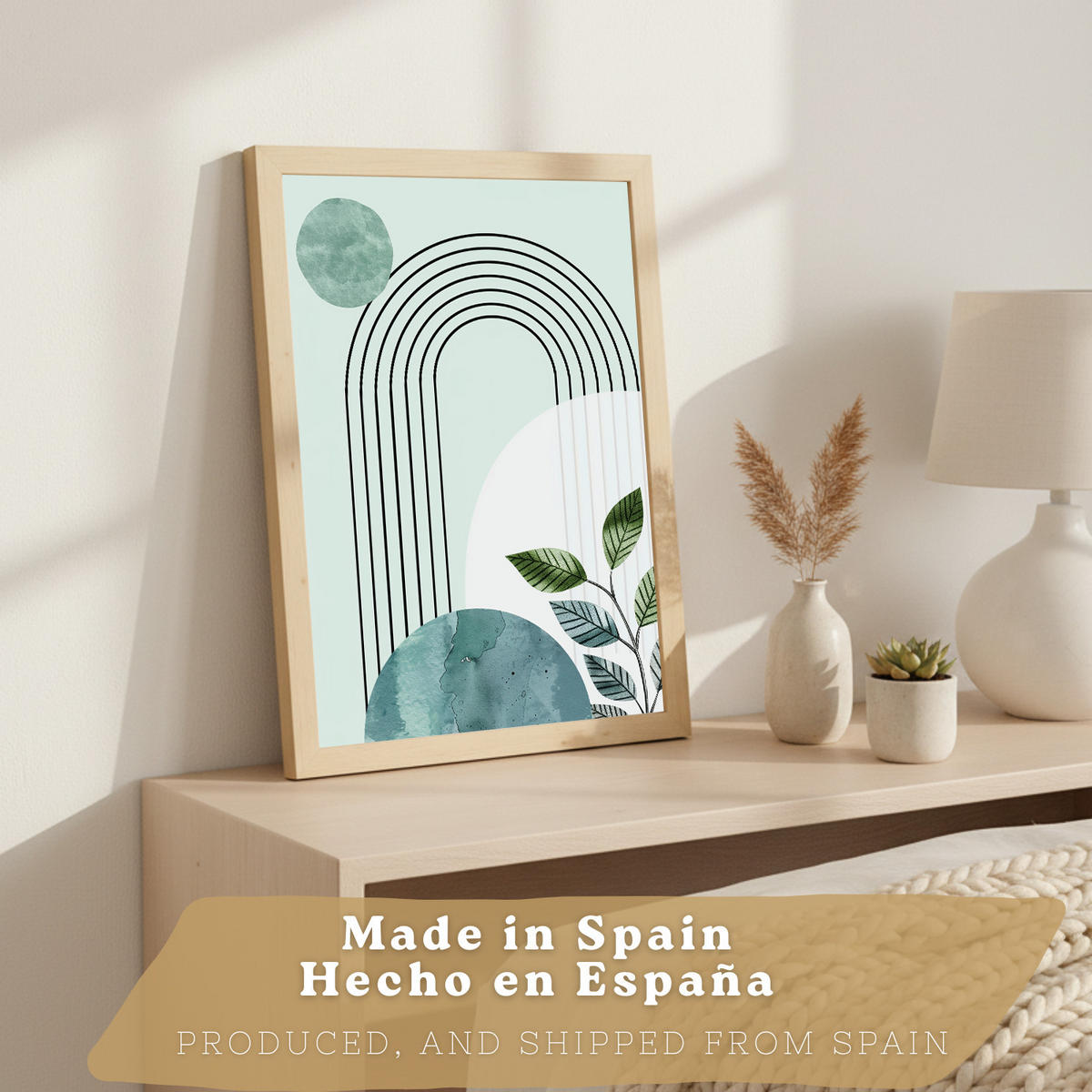 PLAKAT Sada 3 dekorativních nástěnných tisků, zelené rostliny, pro moderní dekoraci obývacího pokoje Světlý dřevěný rám A3 - béžová, papír (29.7/42/3cm) - Nacnic