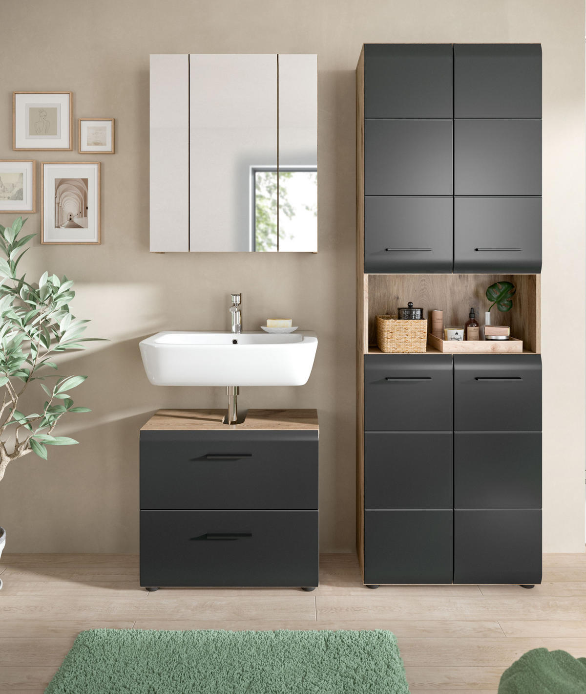 BADMÖBEL-SET 3-teilig schwarz matt, Eiche Nox, Badkombination mit Hochschrank 135 cm - Eichefarben/Schwarz, Glas/Holzwerkstoff (135/185/30cm) - Inn.Furn