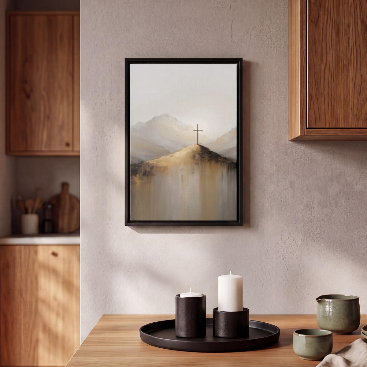 LEINWAND Bilder mit Rahmen - Hügel - Abstrakt - Kreuz - Christentum - 20x30 - Beige, Textil (20/30cm) - MuchoWow