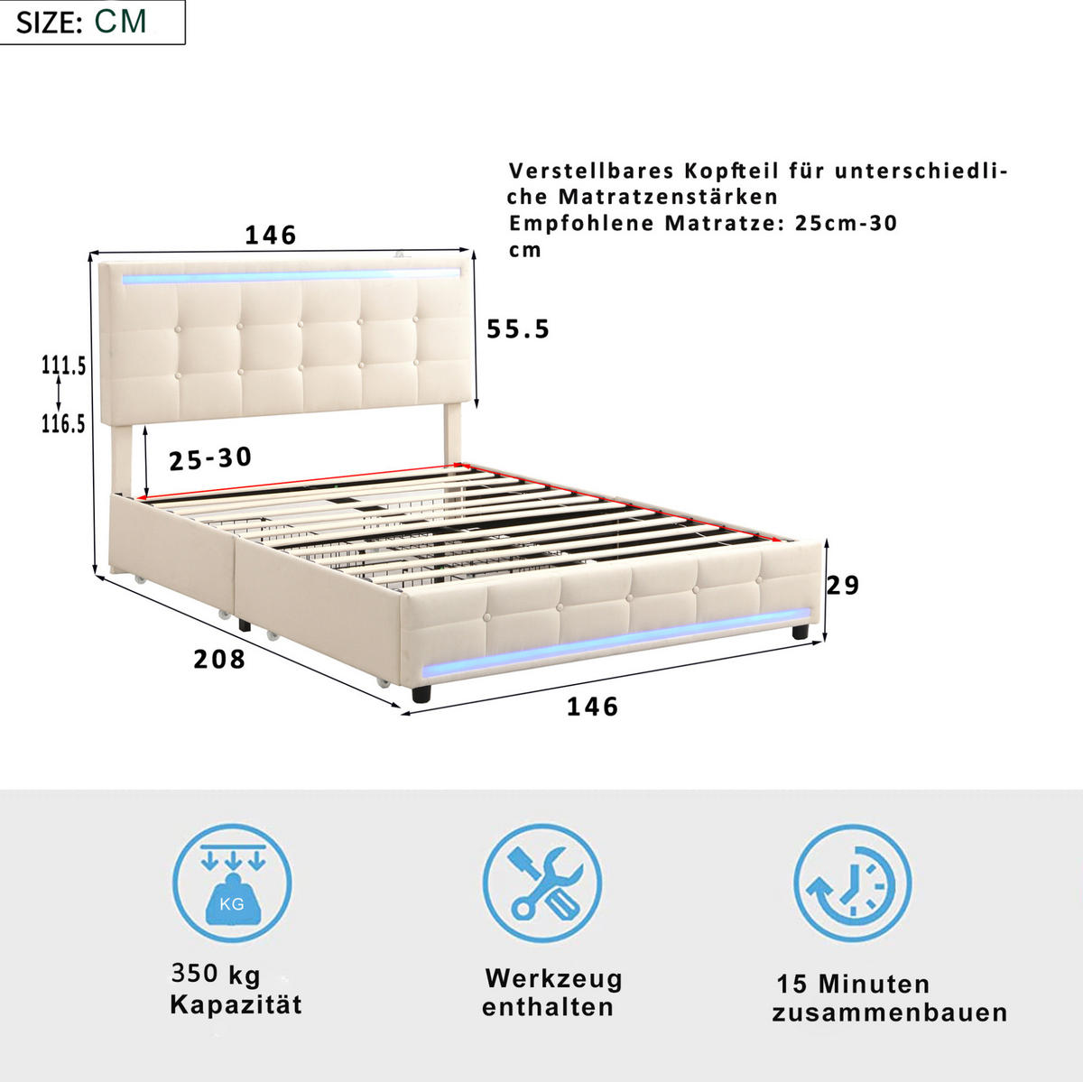 ČALÚNENÁ posteľ 140/200 cm béžová, čalúnená s LED osvetlením, 4 zásuvky a USB - béžová, textil (140/200cm) - BEAOK