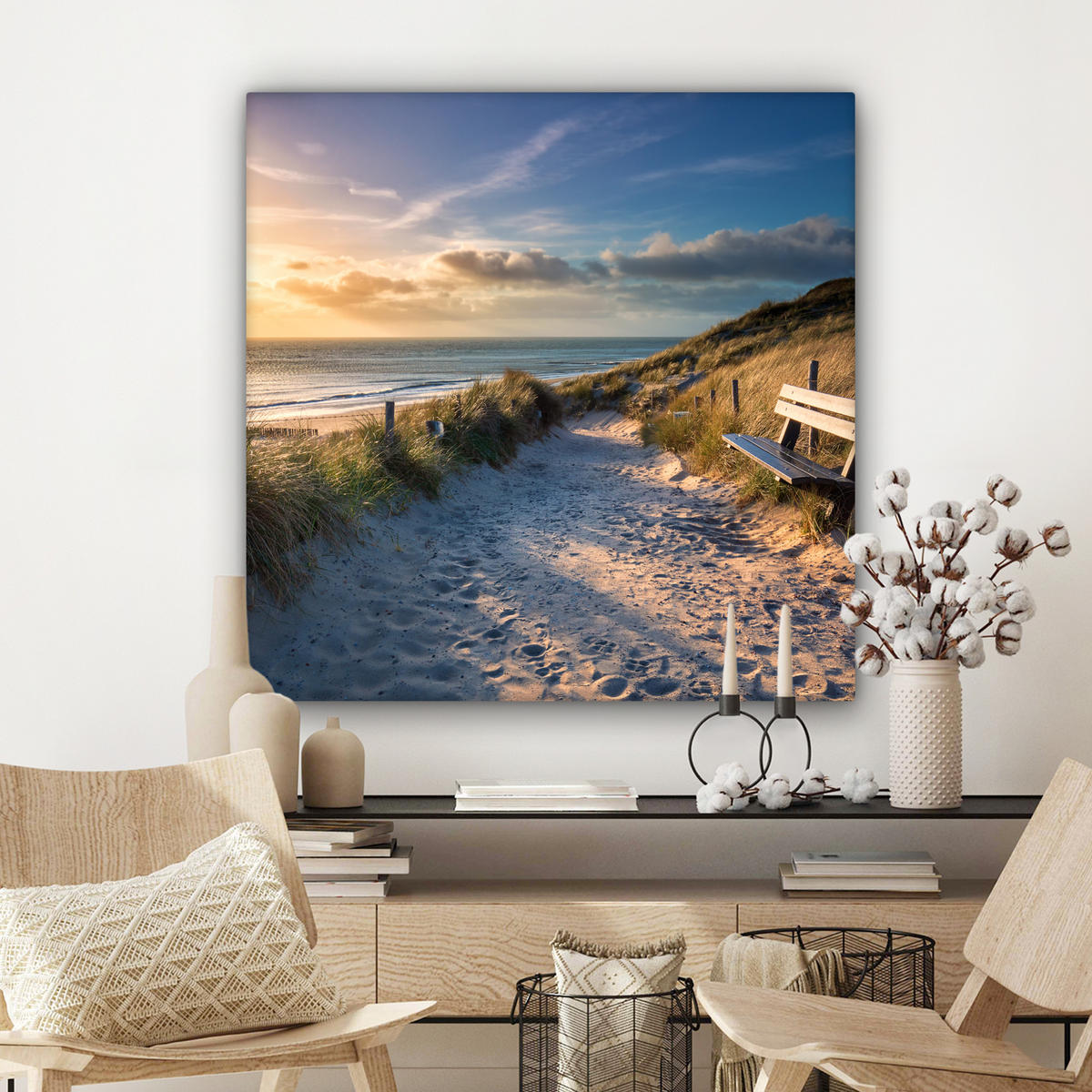 LEINWANDBILD - Sonnenuntergang - Strand - Düne - Gras - Ufer - 90x90 - Gemälde - Sandfarben, Textil (90/90cm) - MuchoWow