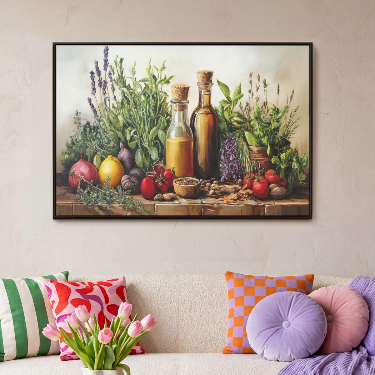 LEINWAND Bilder mit Rahmen - Stilleben - Kräuter - Gewürze - Früchte - Farbenfroh - 90x60 - Grün, Textil (90/60cm) - MuchoWow