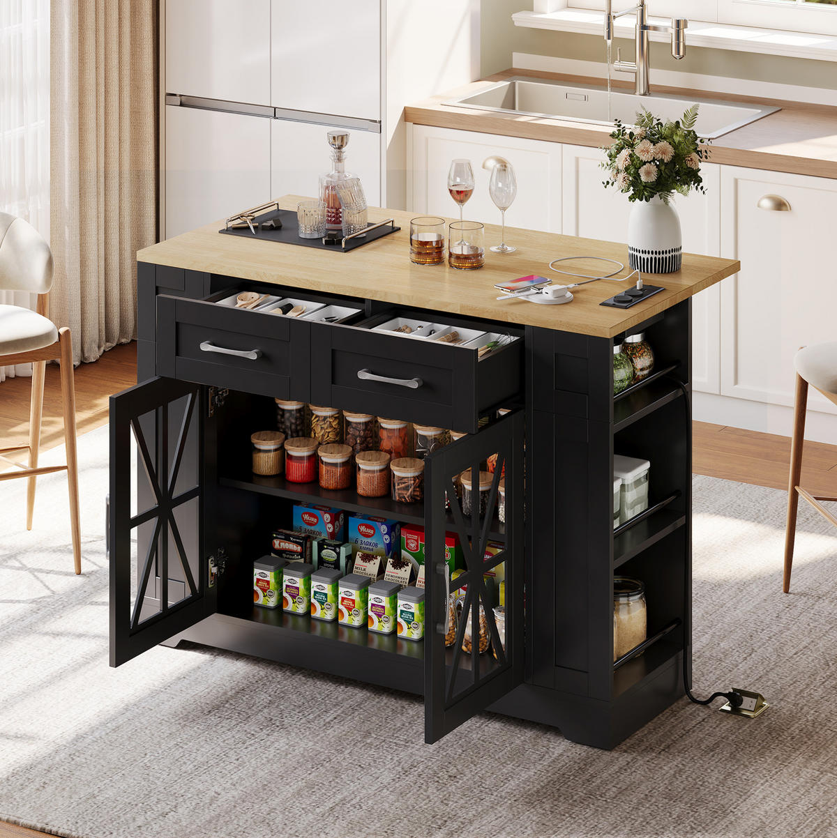 KÜCHENINSEL 120/92/40(65) cm Schwarz/Natur aus MDF mit Klapptisch - Schwarz, Holzwerkstoff (65/92/120cm) - OKMYHOME