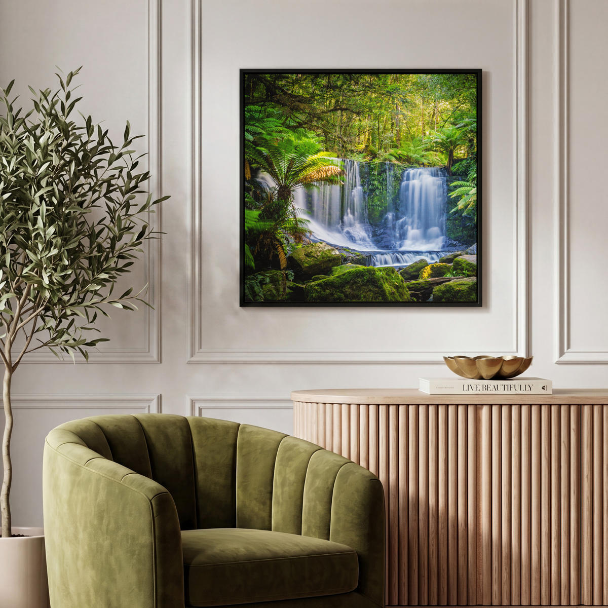 LEINWAND Bilder mit Rahmen - Dschungel - Wasserfall - Australien - Pflanzen - Natur - 50x50 - Dunkelgrün, Textil (50/50cm) - MuchoWow