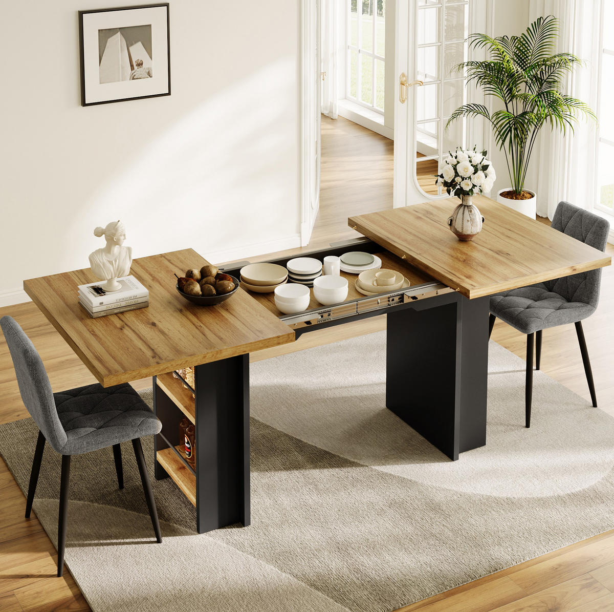 AUSZIEHTISCH aus MDF 120-160x80x75 cm Naturfarben mit Regalen, Stauraum und verstellbarer Tischplatte - Braun, Holzwerkstoff (120/80/75cm) - Modfu