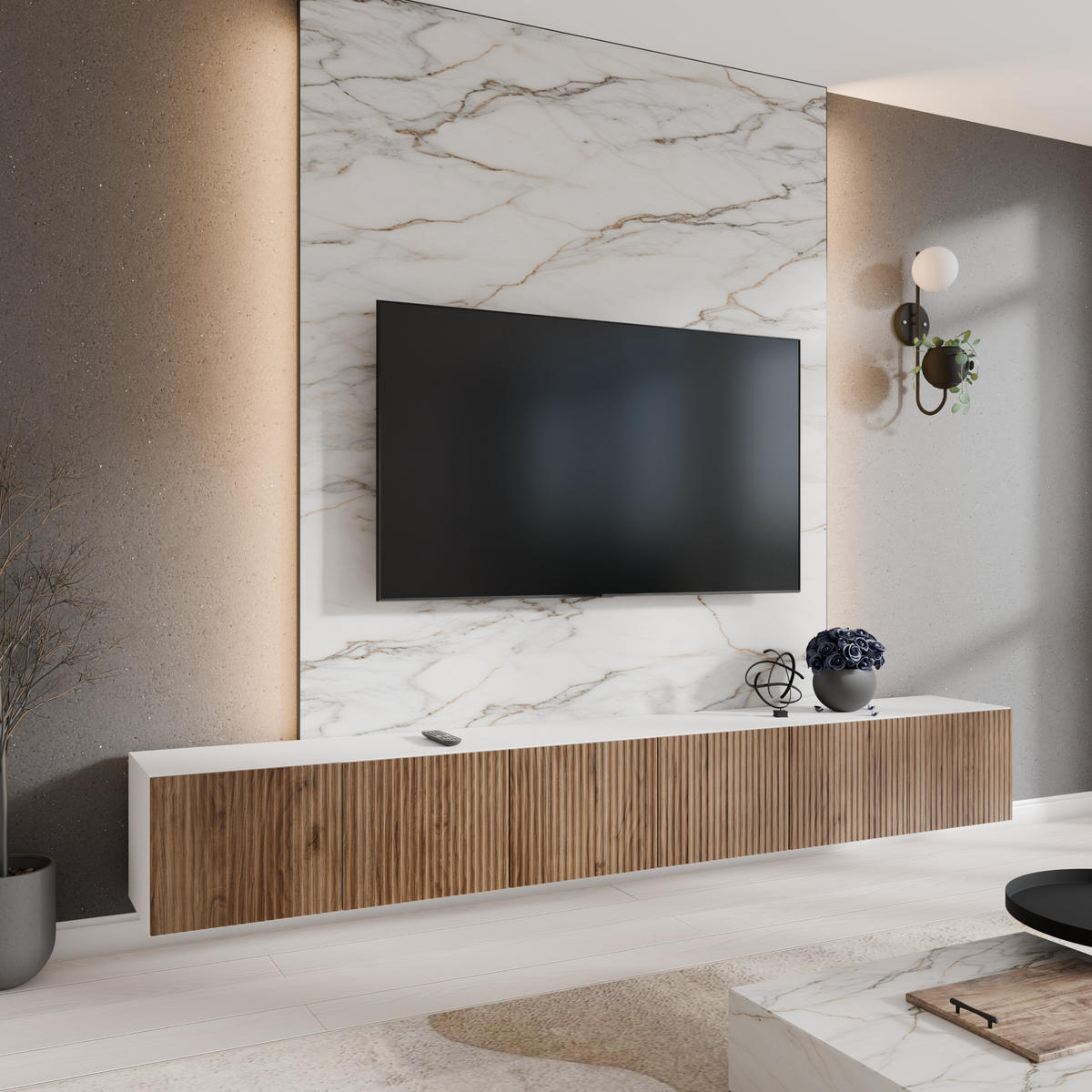 TV-SCHRANK Noe 300 cm, sechstürig, weiß, catania - Weiß/Braun, Kunststoff (300/41/40cm) - Margaret Hadas24