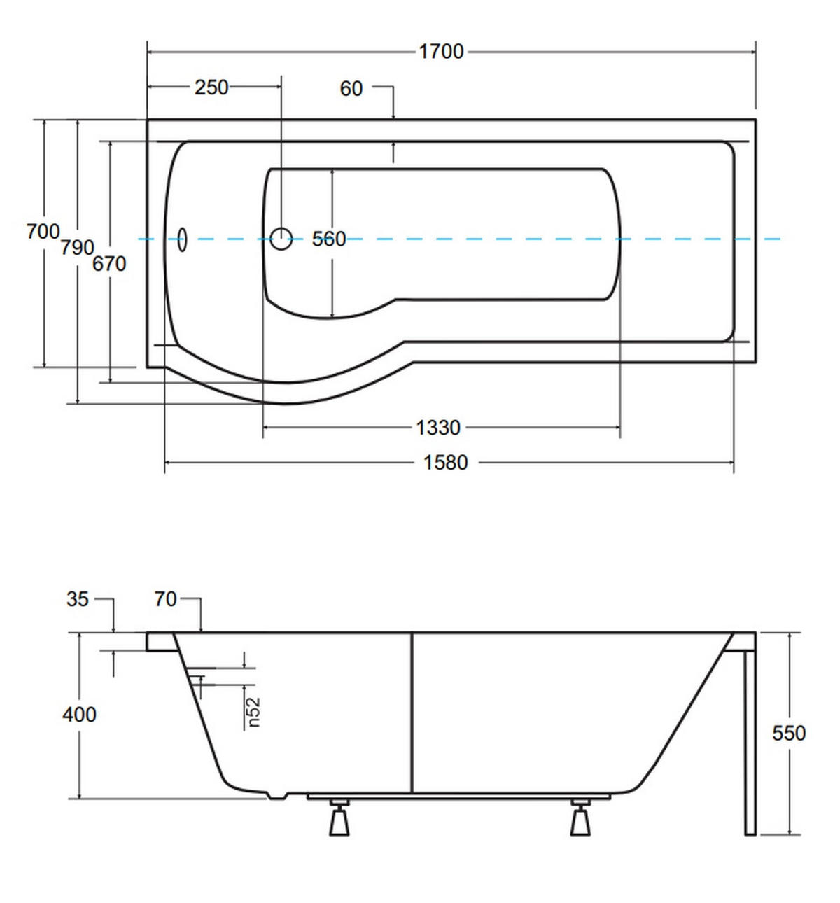 BADEWANNE Rechteck INSPIRO 170/70 Links mit Schürze Ablauf Füße - Weiß, Kunststoff (70/55/170cm) - bad land
