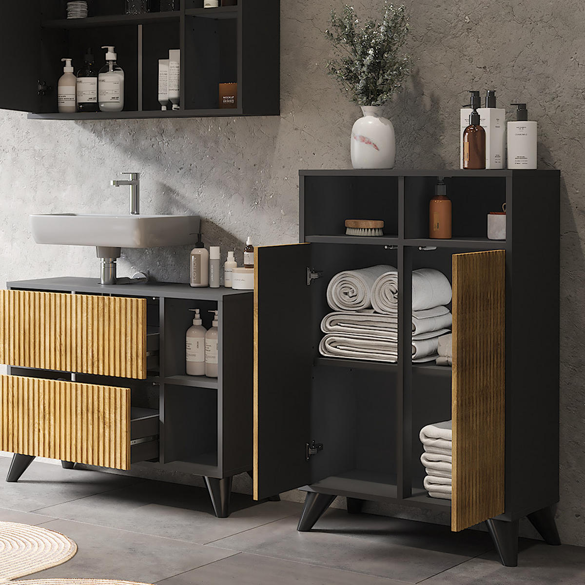 MIDISCHRANK Leano Anthrazit/Bergeiche 60 x 97 cm mit 2 Türen - Anthrazit, Holzwerkstoff (60/97/30cm) - Vicco