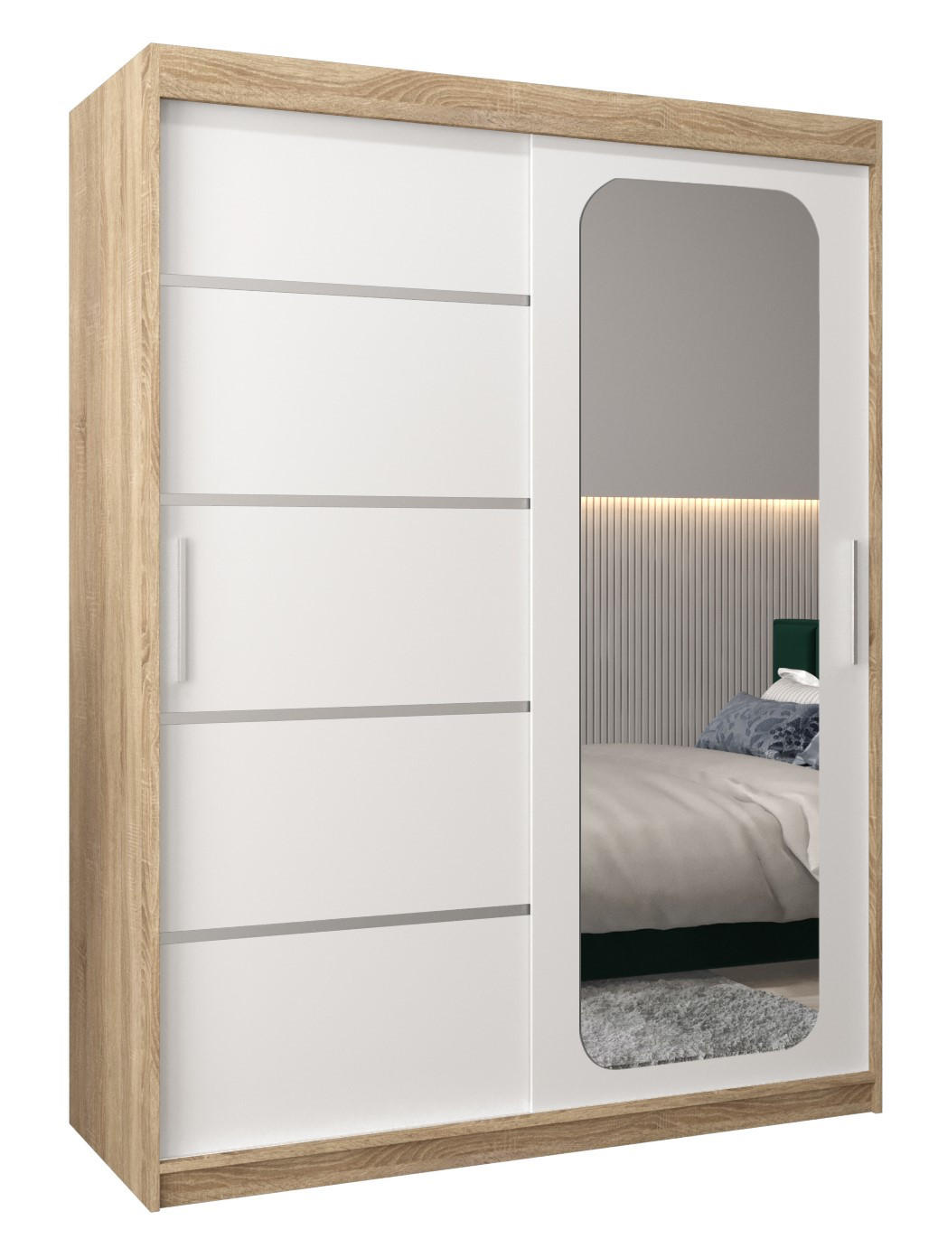 SCHWEBETÜRENSCHRANK 200/150/62 2-türig - Silberfarben/Weiß, Holz/Kunststoff (150/200/62cm) - Abiks Möbel