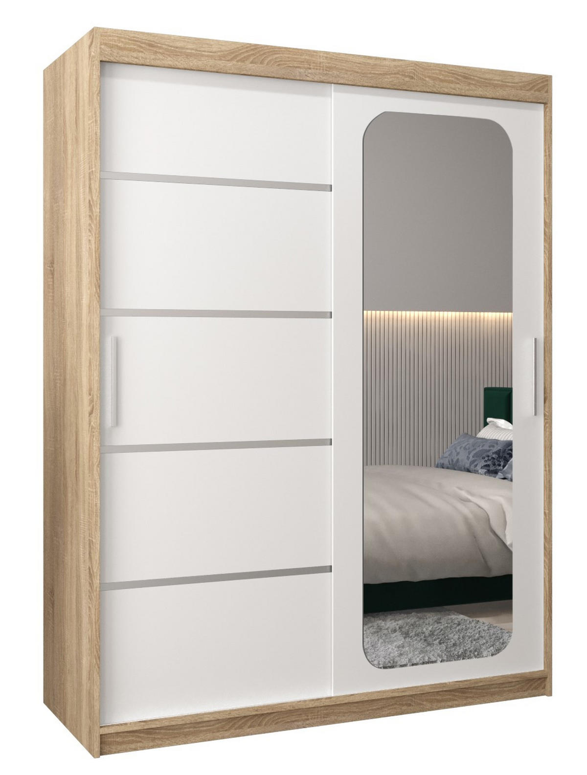 SCHWEBETÜRENSCHRANK 200/150/62 2-türig - Silberfarben/Weiß, Holz/Kunststoff (150/200/62cm) - Abiks Möbel