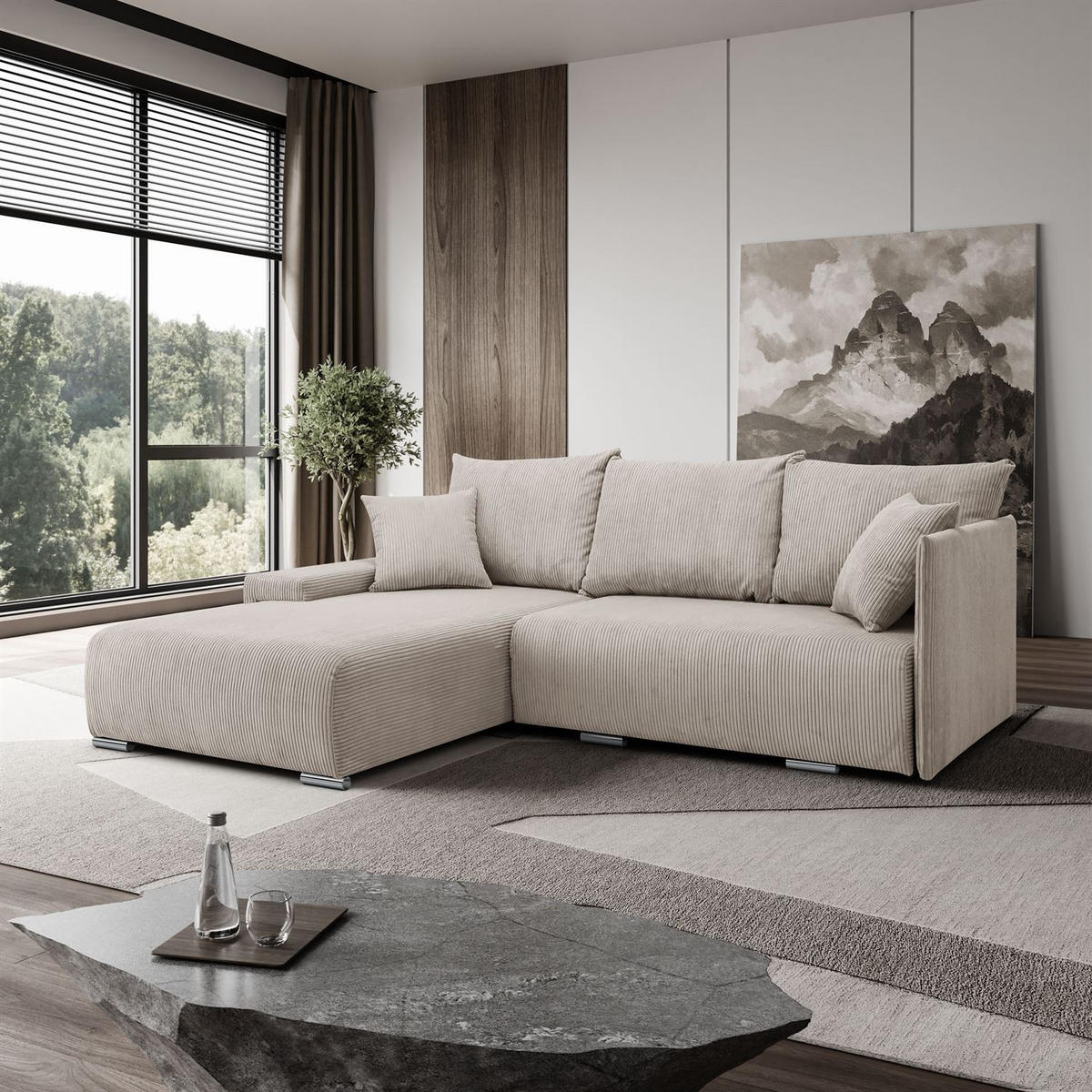 ECKSOFA LAVIO L mit Schlaffunktion und Bettzeugkasten Linke - Beige, Textil (246/188cm) - Lookway
