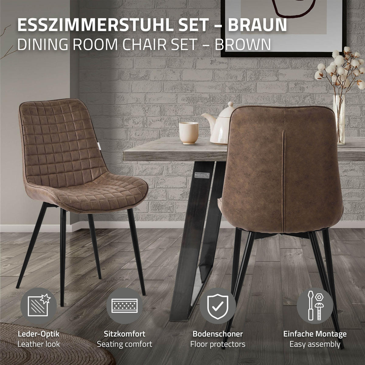 ESSZIMMERSTÜHLE 6ER-SET Braun Kunstleder - Dunkelbraun/Schwarz, Metall (52/89/60cm) - ML-DESIGN