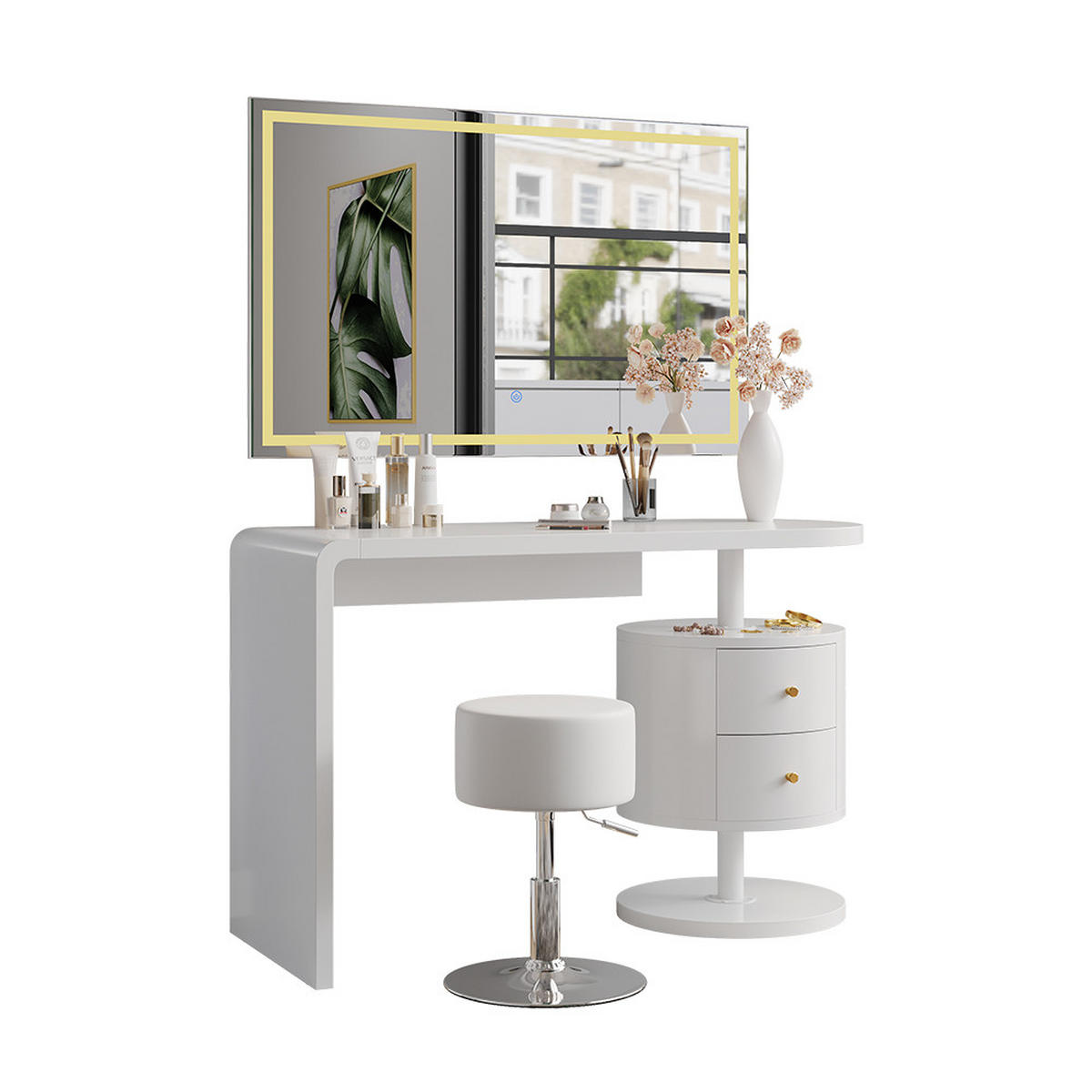 SCHMINKTISCH Lara Weiß 120 cm mit LED-Spiegel und Hocker - Weiß, Holzwerkstoff (120/76/50cm) - Vicco