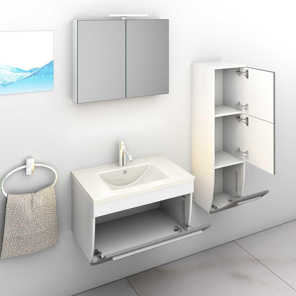 BADMÖBEL Set Gently 3 V2-R Weiß/Grau Badezimmermöbel Badspiegel Waschtisch 70 cm mit 1x 5W LED / Energiebox - Grau, Glas/Kunststoff (46/40/70cm) - AcquaVapore by Sandra Jentho