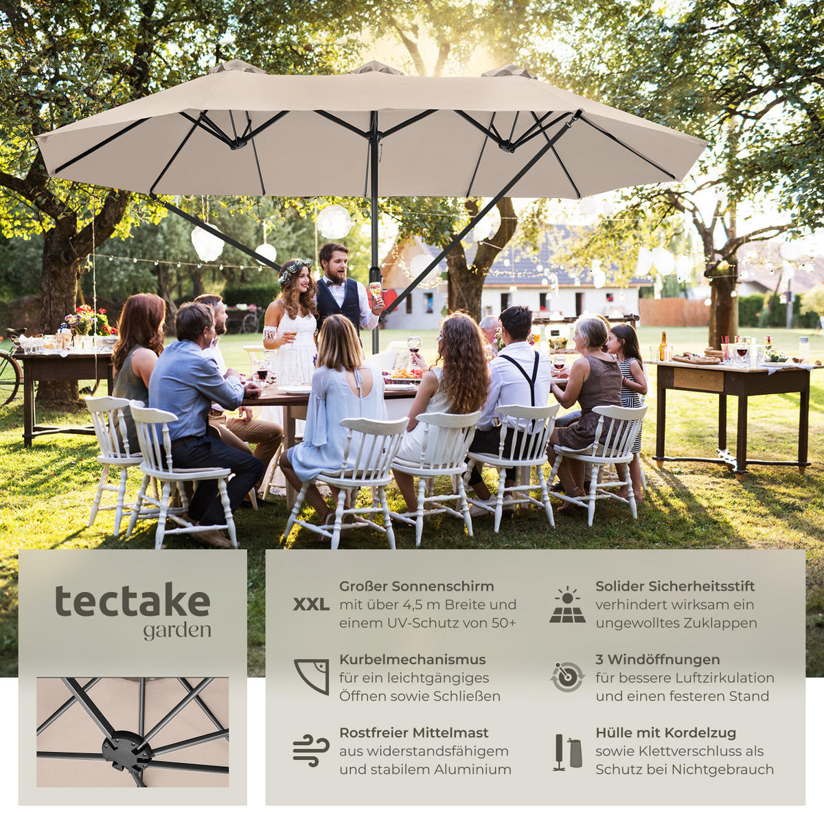 SONNENSCHIRM Silia, UV-Schutz 50+, inklusive Windsicherung und Schutzhülle, beige - Beige, Metall (270/460cm) - tectake