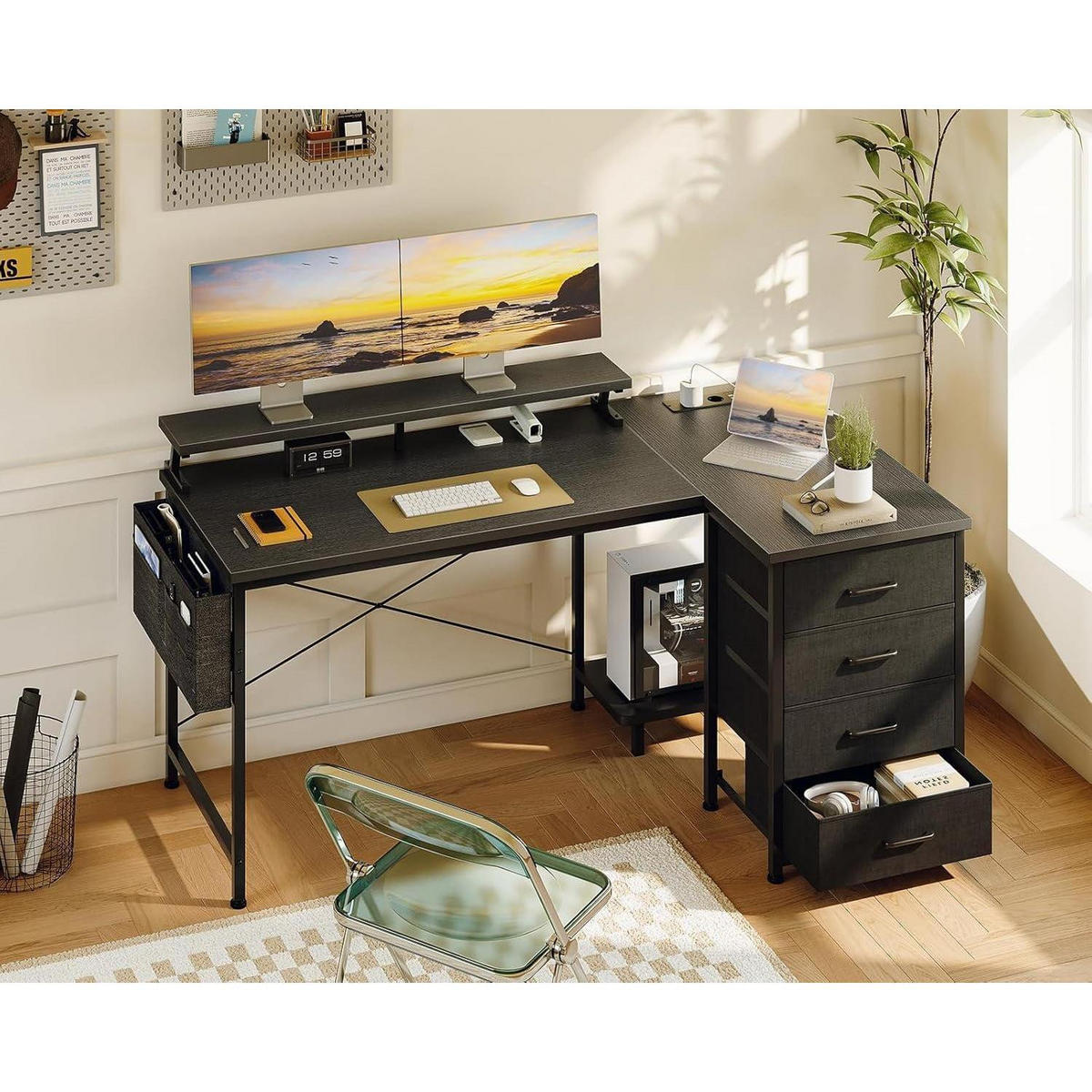 SCHREIBTISCH L Form mit Schubladen 140 x 80 cm Schwarz - Schwarz, Holzwerkstoff (140/80/87cm)