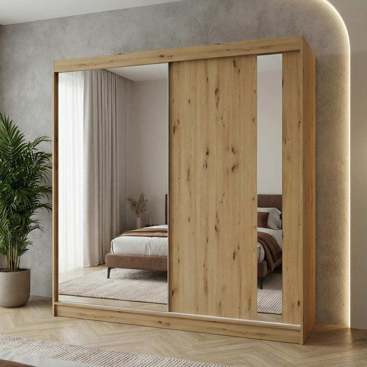 SCHWEBETÜRENSCHRANK Gaja 200/216/61 eiche Artisan mit Spiegel - Eiche Artisan, Holzwerkstoff (200/216/61cm) - Beautysofa