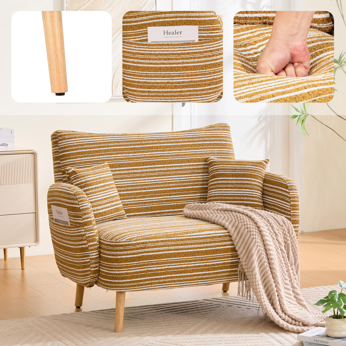 2-SITZER-SOFA aus Bouclé 121x81,5x87 cm in Senfgelb mit Seitentaschen - Gelb, Textil (81.5/87/121cm) - Modfu
