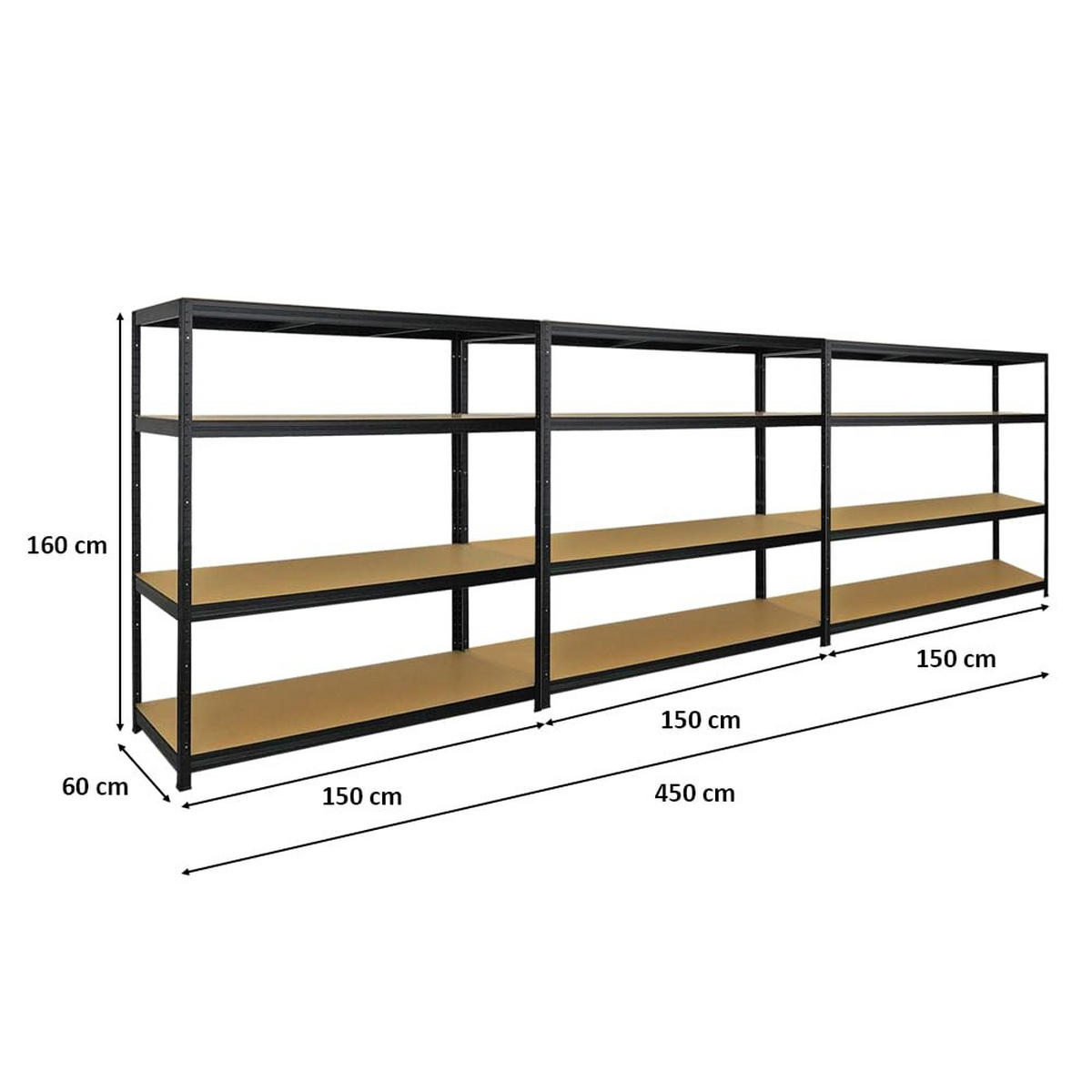 SCHWERLASTREGAL Giant Elephant 3er-Set mit 3x 160x150x60 cm Fachlast 200 kg Schwarz - Schwarz, Metall (450/160/60cm) - PROREGAL