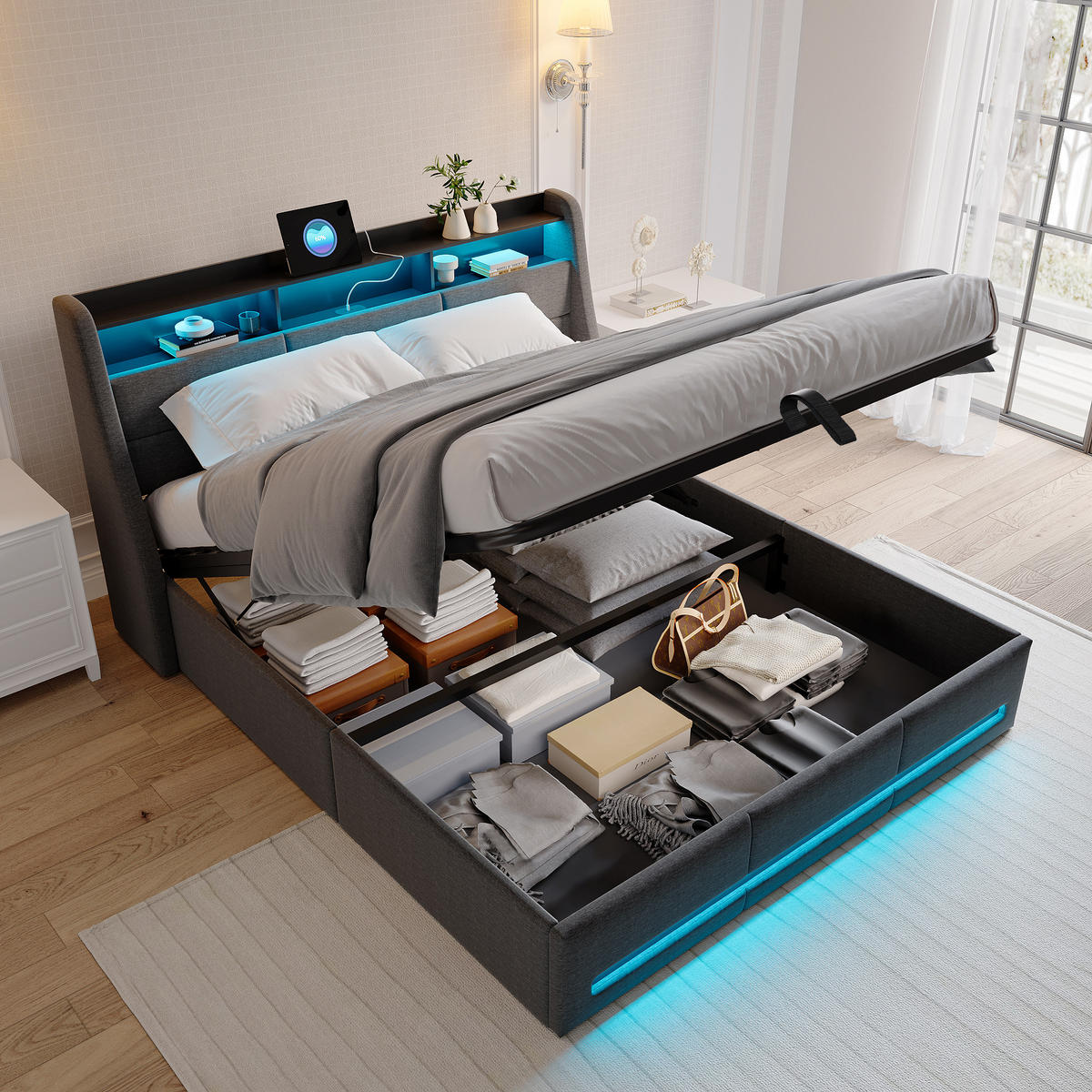 POLSTERBETT 140x200 cm mit hydraulischem Stauraum, Ambiente-LED, USB-/Typ-C-Anschlüsse, Leinenstoff, Grau - Grau, Holz (140/200cm) - BRILVERDE