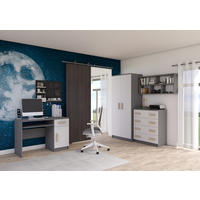 JUGENDZIMMER Elora in Grau und Weiß – 4-teiliges Set mit Schreibtisch, Kommode, Wandregal und Schrank – Grifffarbe Sonoma Eiche - Grau, Holzwerkstoff (80/200/120cm)