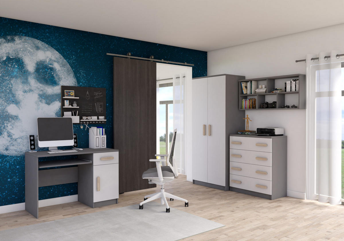 JUGENDZIMMER Elora in Grau und Weiß – 4-teiliges Set mit Schreibtisch, Kommode, Wandregal und Schrank – Grifffarbe Sonoma Eiche - Grau, Holzwerkstoff (80/200/120cm)