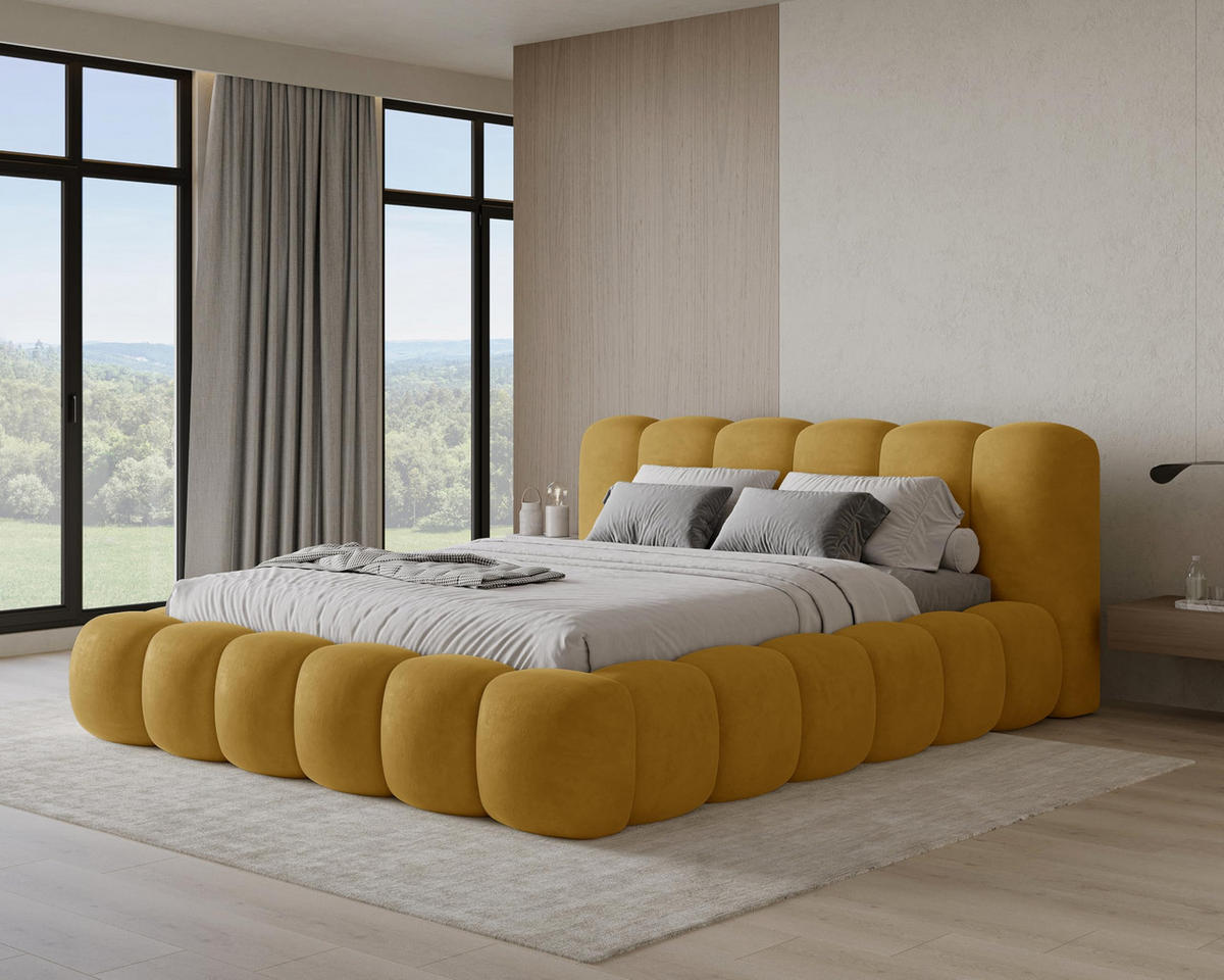 POLSTERBETT 160x200 mit Bettkasten, Lattenrost und Kopfteil, Velluto-Samt Stoffbezug Gelb - Gelb, Holz (160/200cm) - Chilly