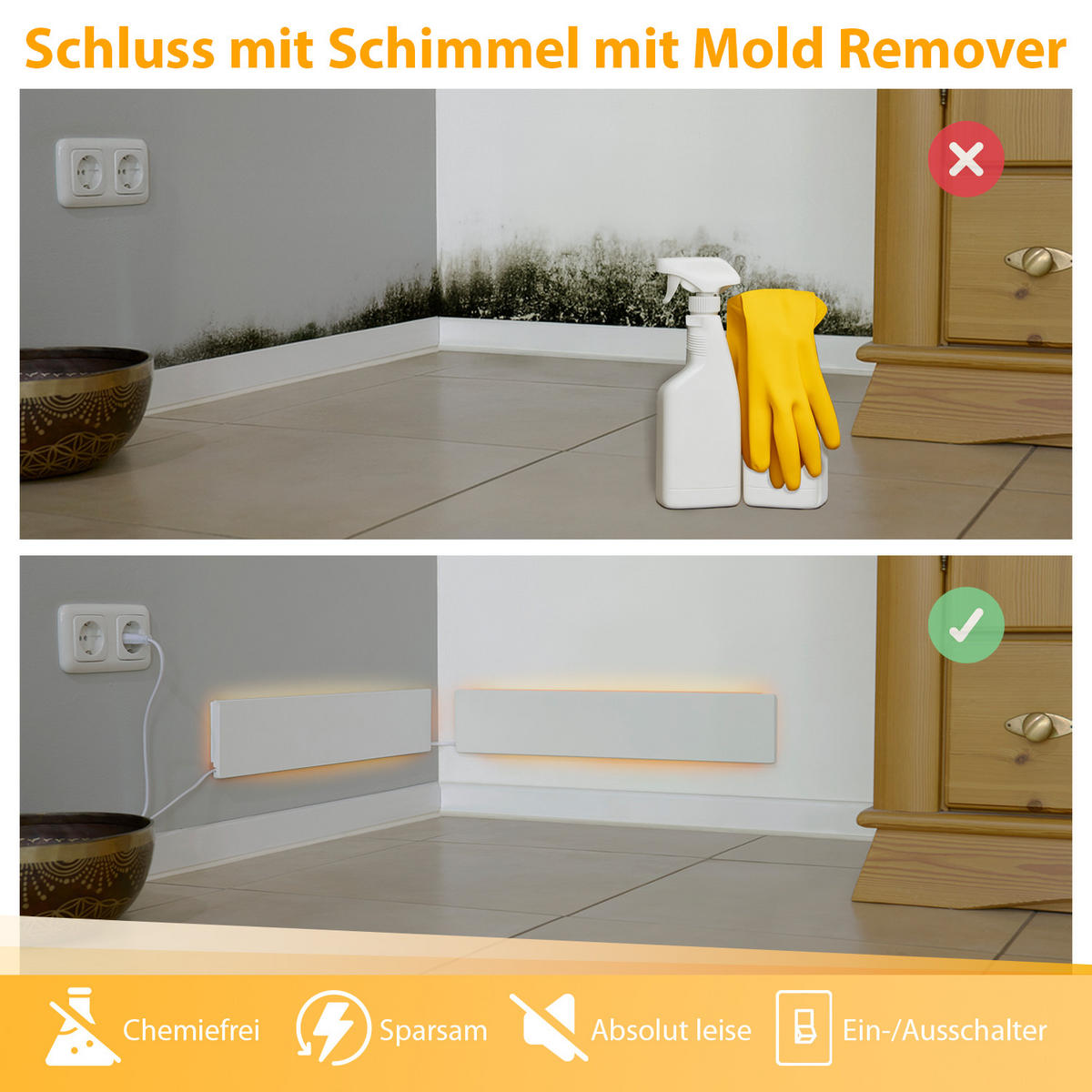 INFRAROT-SCHIMMELENTFERNER - chemiefrei für Wand und Bad, flexible Nutzung als Wand- oder Standgerät, 2er-Set - Weiß, Metall (10.5/50.5/1.5cm) - Northpoint