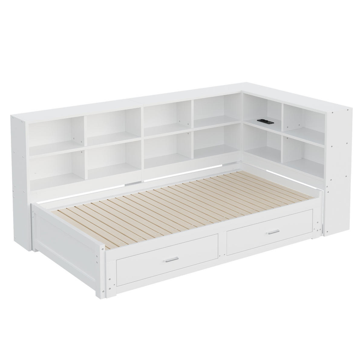 MULTIFUNKTIONSBETT 90/190 cm weiß aus Holz mit Ausziehbett Stauraum Steckdose - Weiß, Holzwerkstoff (90/190cm) - OKWISH