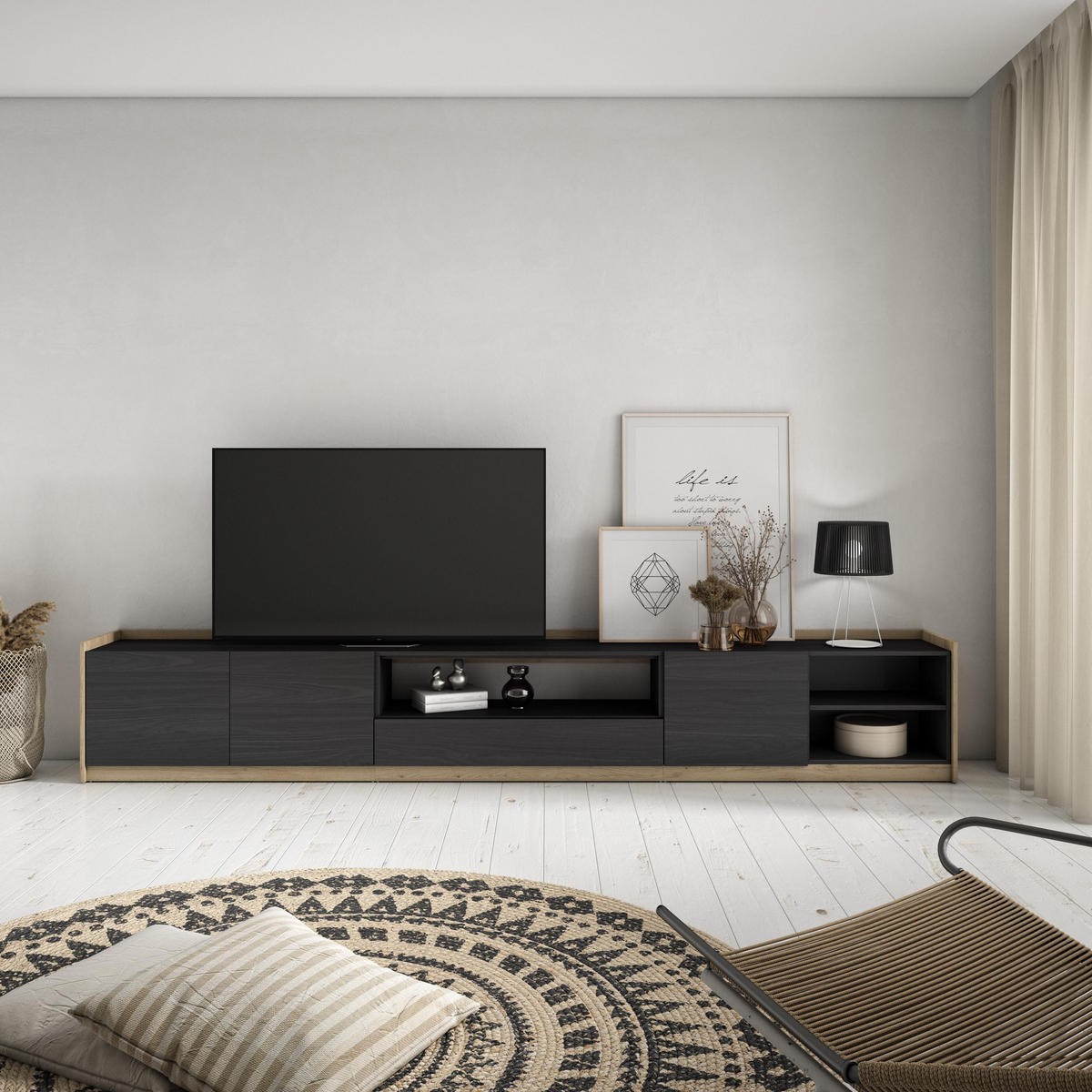 TV-SCHRANK, Lowboard, Schwarz Eiche, 310/37/50cm - Schwarz, Holzwerkstoff (310/50/37cm) - Skraut Home