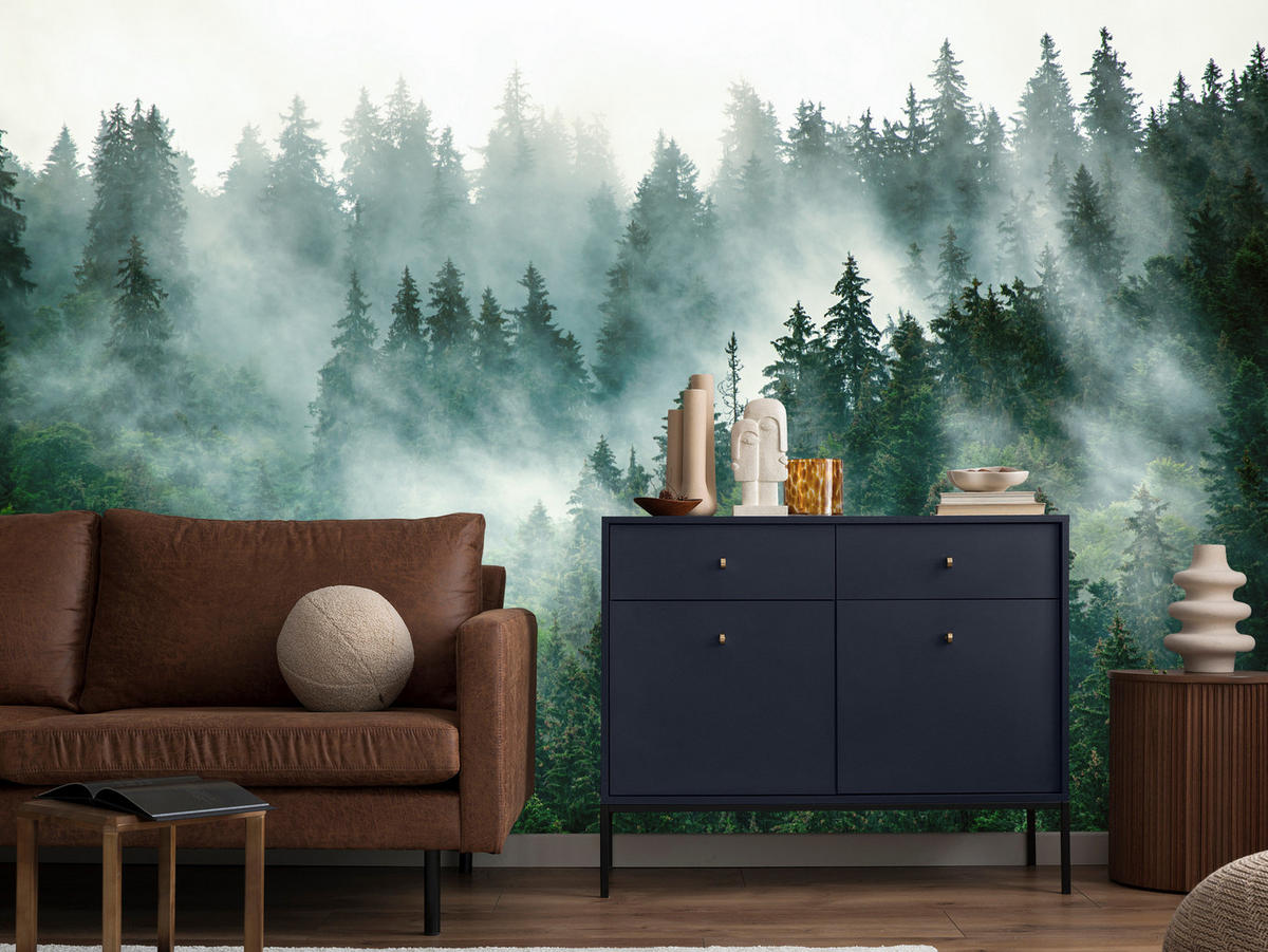 FOTOTAPETA Pre Kuchyňu Ihličnaté Stromy Hmlový Les Mystický Zelená 100 x 70 cm - sivá/zelená, papier (100/70cm) - Muralo