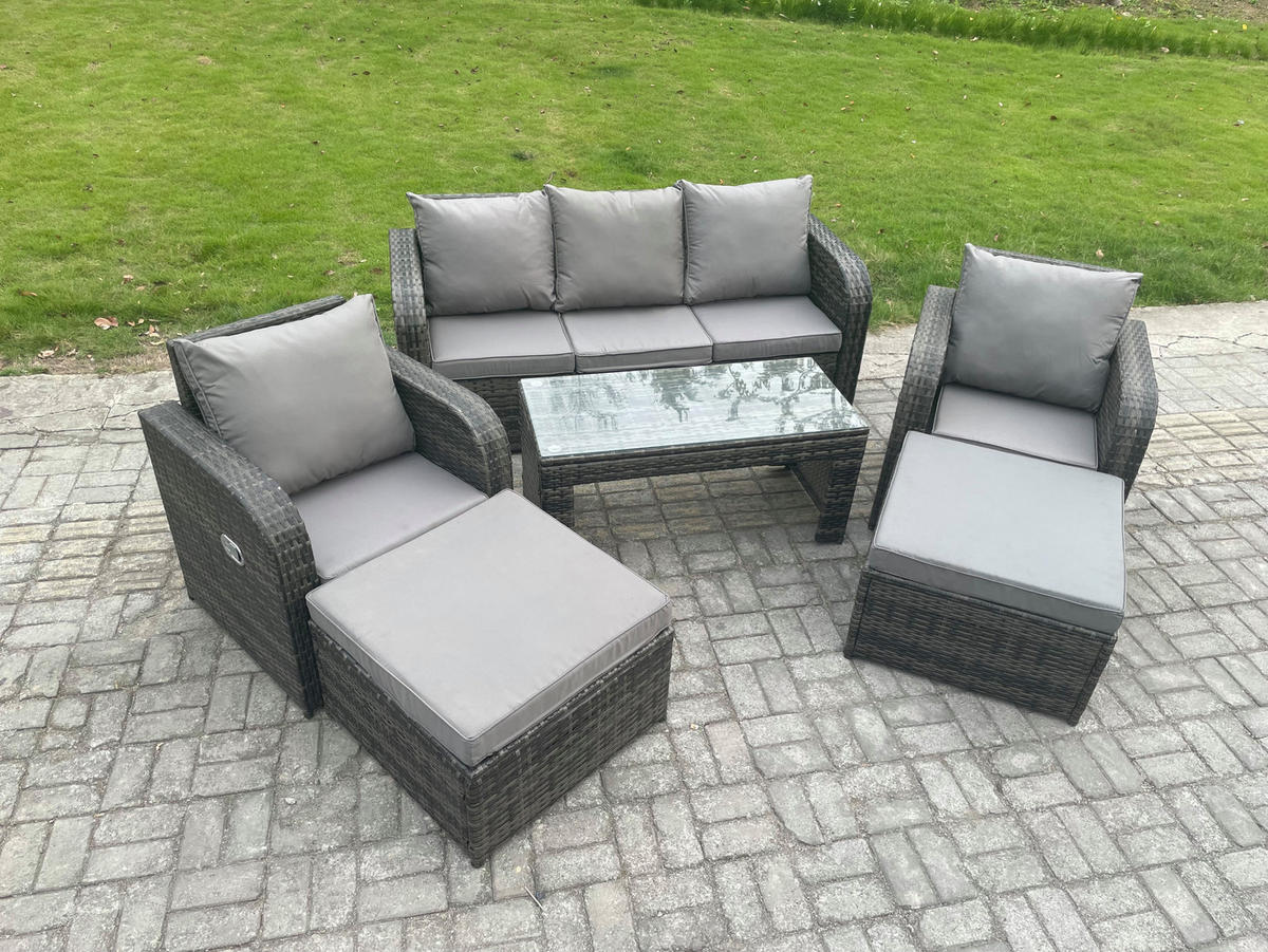 GARTENMÖBEL SET mit Sofa Polyrattan 7-Sitzer Dunkelgrau - Dunkelgrau/Grau, Glas/Kunststoff - Fimous