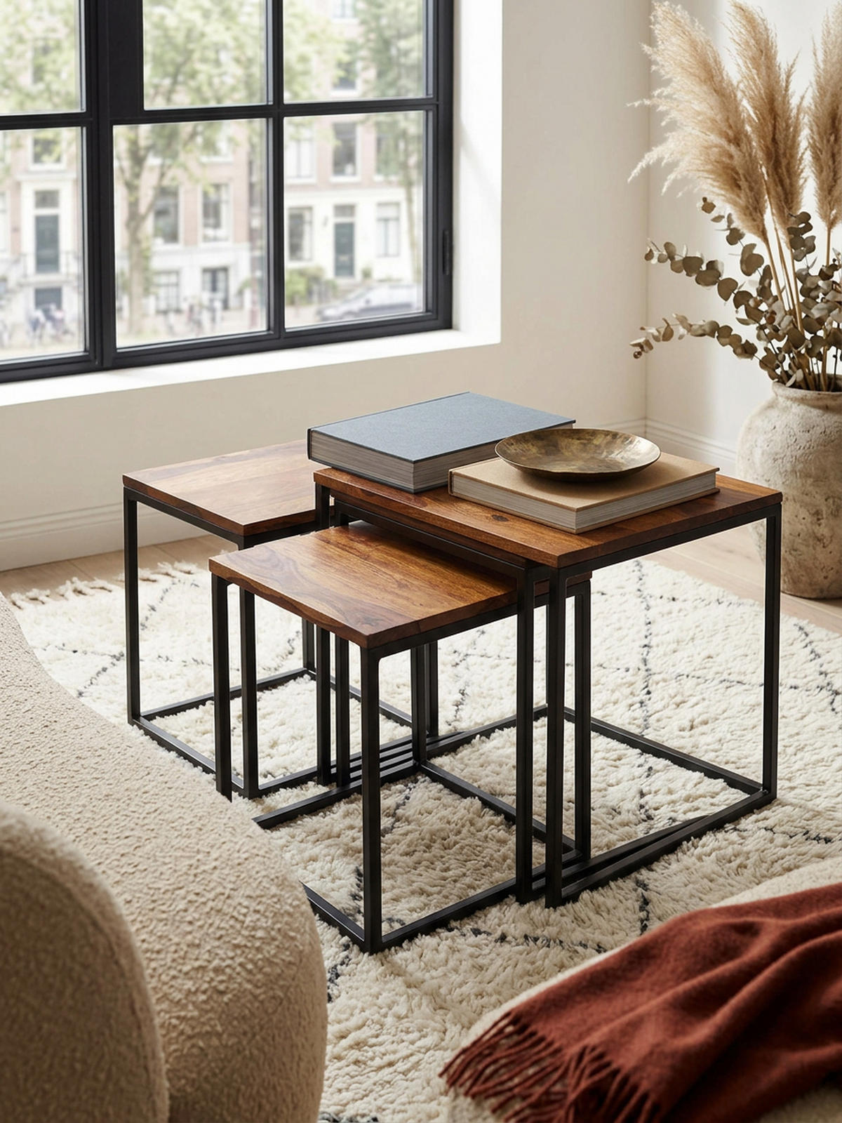 BEISTELLTISCH Set – Massivholz Metall Braun Schwarz rund 3 Größen - Schwarz/Braun, Holz/Metall (40/40/42cm) - KADIMA DESIGN