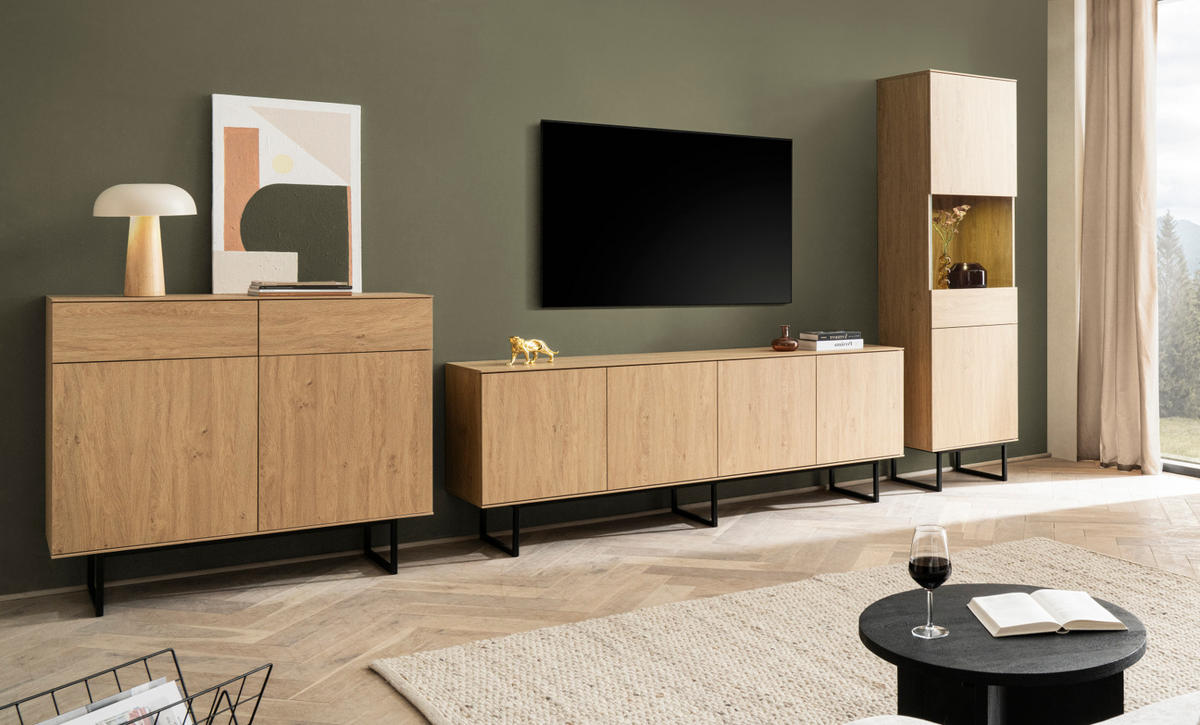 WOHNWAND Stone Eiche, Wohnkombination 3-teilig 400 cm, mit Push-to-Open - Eichefarben/Schwarz, Holzwerkstoff/Metall (400/200/40cm) - Furn.Design