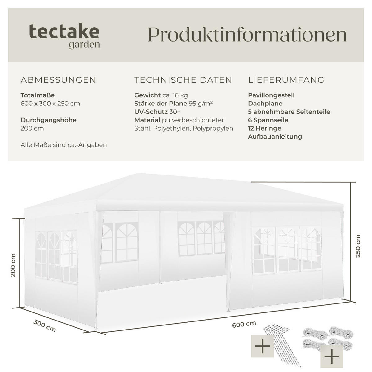 PAVILLON Novara,wasserdicht,weiß - Weiß, Kunststoff (300/250/600cm) - tectake