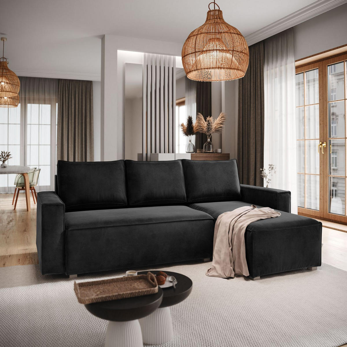 ECKSOFA SILES Schwarz Velours-Stoff mit Schlaffunktion - Schwarz, Holz (230/140cm) - MASSENO