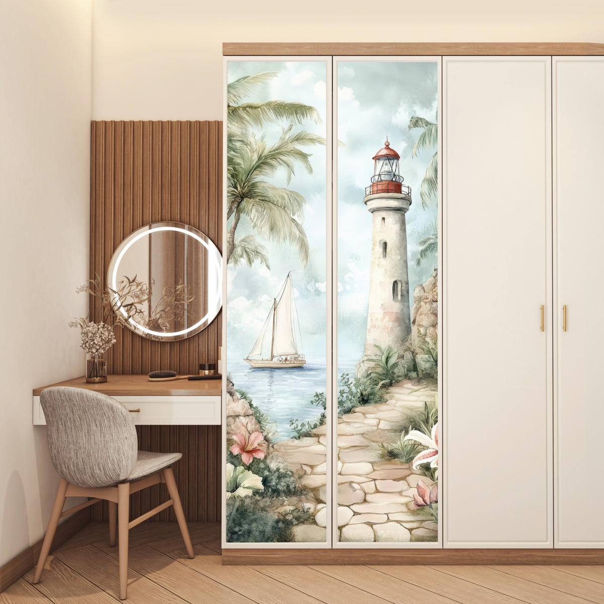 FOTOTAPETE Tür - Leuchtturm - Natur - Landschaft - Boot 95x235 cm - Eichefarben, Kunststoff (95/0.1cm) - MuchoWow