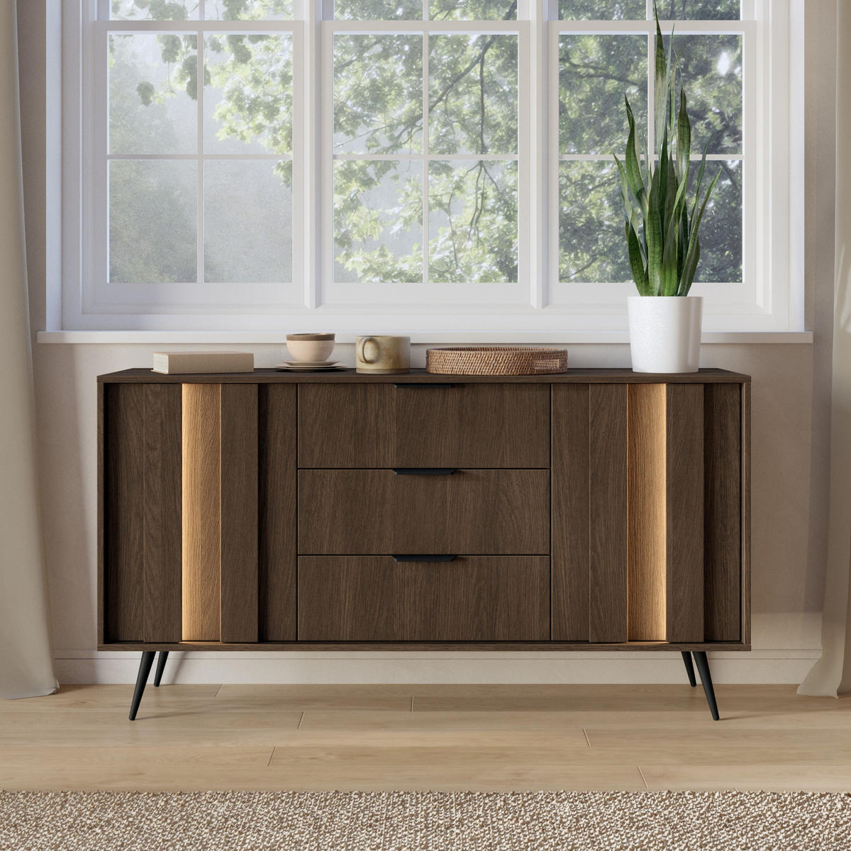 SIDEBOARD LUPO 153 cm Eiche Dunin - mit 3 Schubladen, LED und Metallfüßen - Eichefarben/Schwarz, Holz/Holzwerkstoff (153/83/40cm) - Ravio