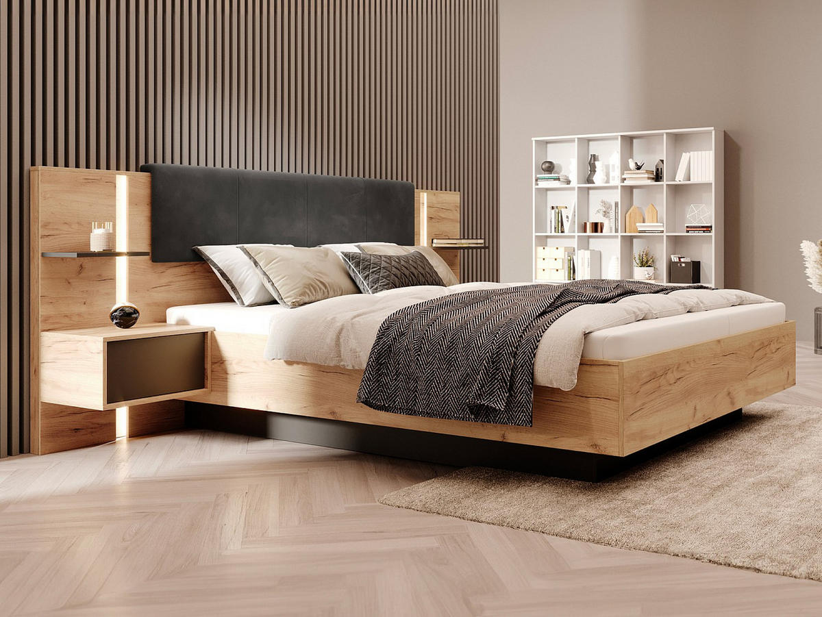 BETT mit Bettkasten - 2 Personen - Stoff, Holz, Platte - Anthrazitgrau, Naturfarben Hell - - Anthrazit/Naturfarben, Holz/Holzwerkstoff (160/200cm) - Vente-Unique
