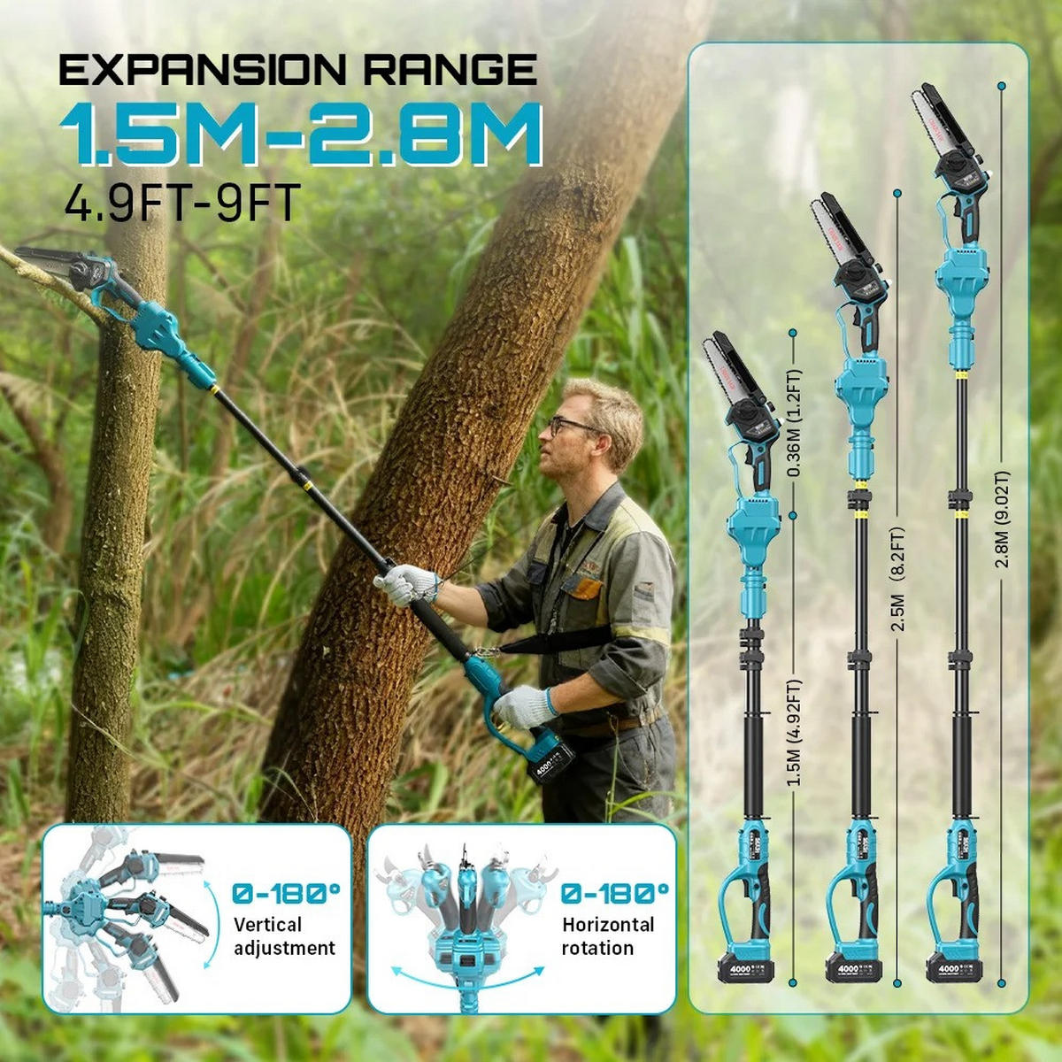 KETTENSÄGE 3-in-1 Bürstenlose Teleskopstange Hohe Astschere, Mit 2X4.0Ah Batterien - Blau, Metall (25/10/170cm) - Coonoor