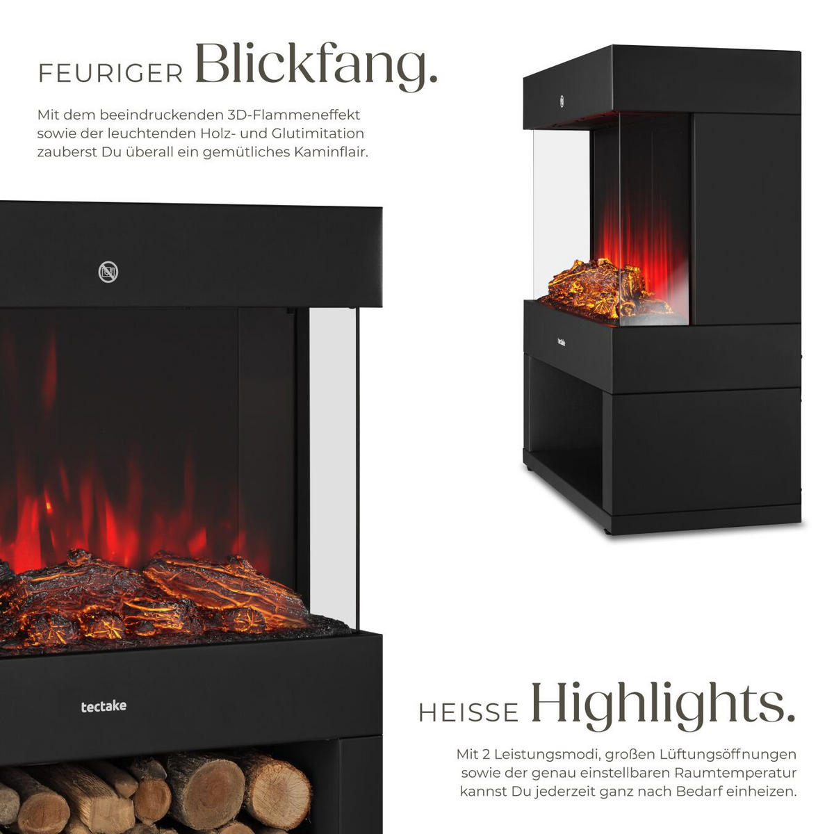 ELEKTROKAMIN Leora,integriertes Thermostat,schwarz - Schwarz, Metall (60/73.5/33cm) - tectake