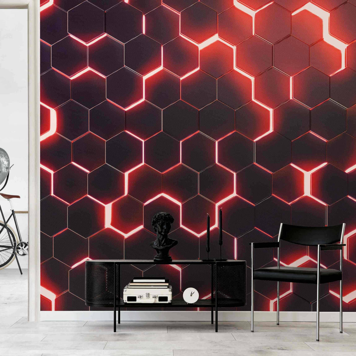 FOTOTAPETE Strukturierte Hexagone mit Neonlicht in Rot 240/240 cm - Schwarz, Papier (240/240cm) - Bilderwelten